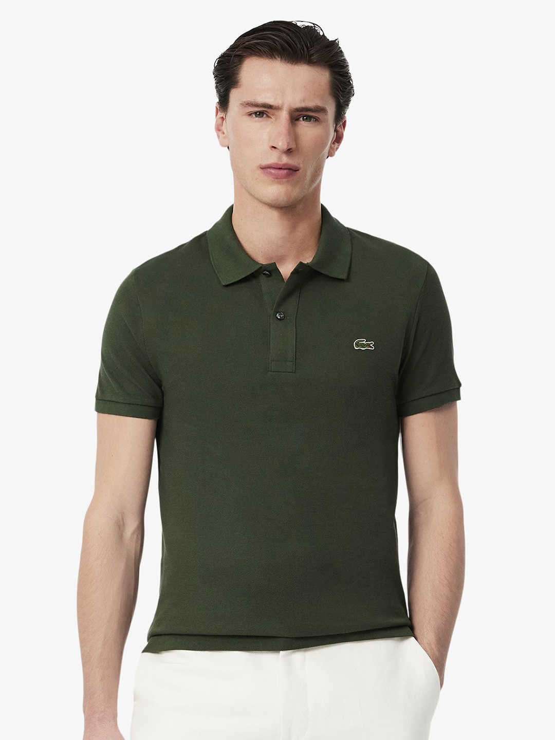 

Lacoste Men Solid Polo Collar Cotton T-shirt, Olive