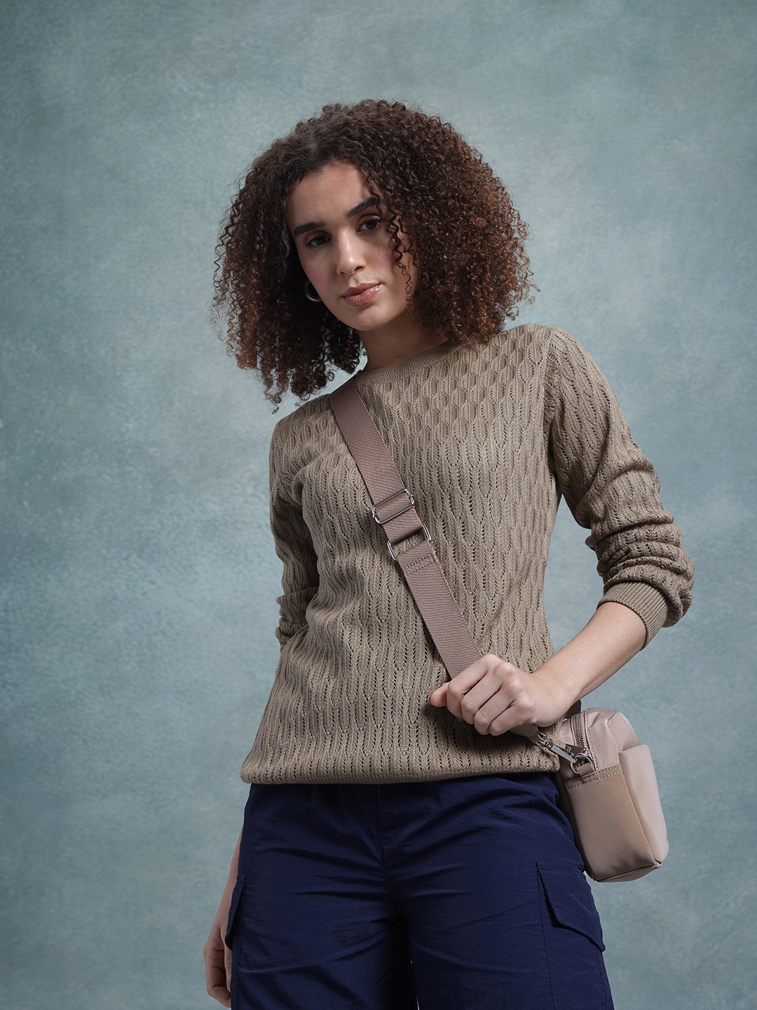 

The Roadster Lifestyle Co. Solid Open Knit Pullover, Taupe