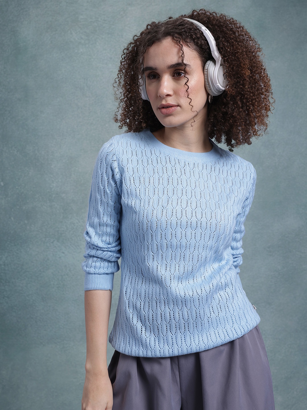 

The Roadster Lifestyle Co. Self Design Open Knit Longline Pullover, Blue