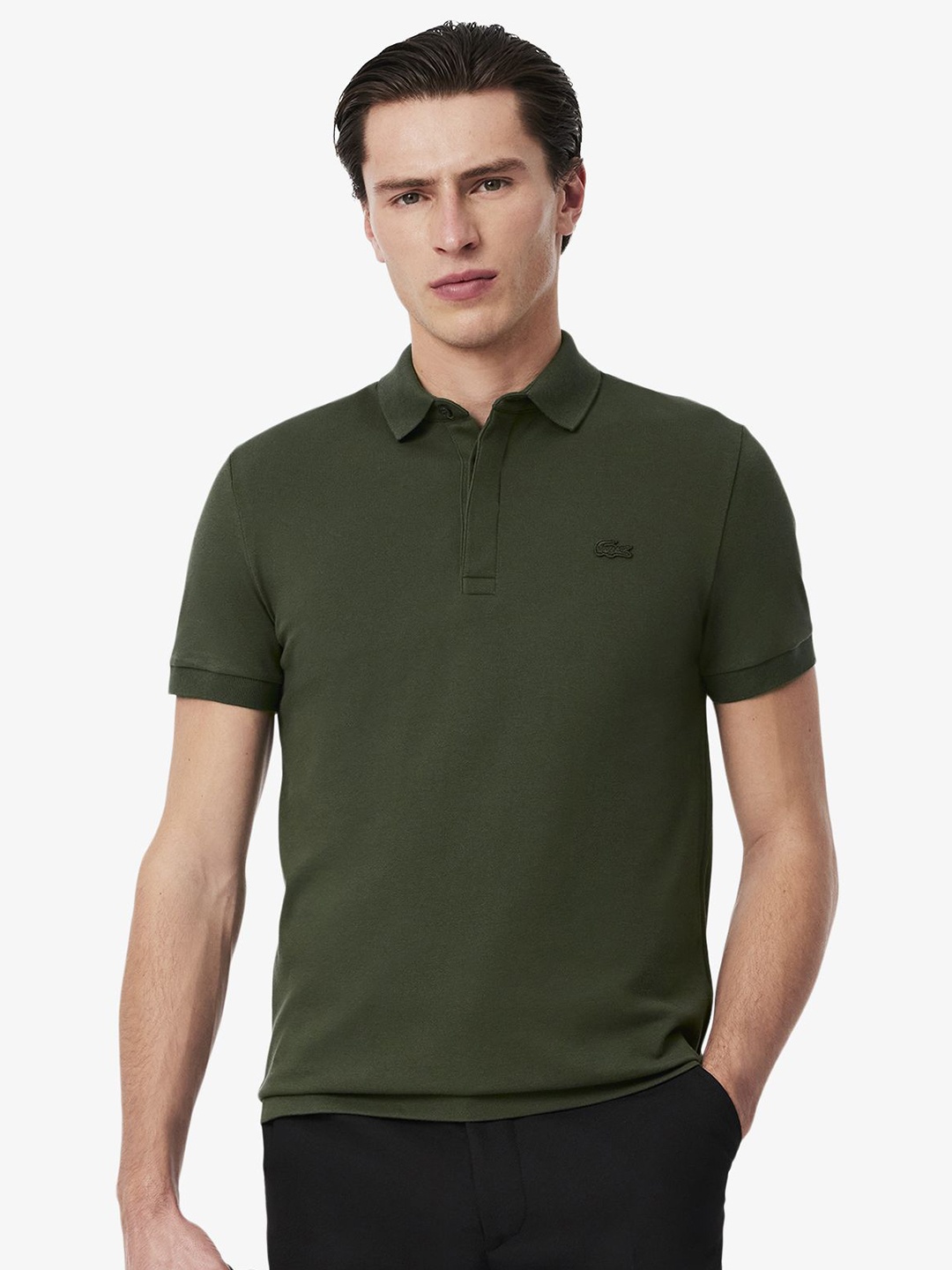 

Lacoste Men Solid Polo Collar Cotton T-shirt, Olive