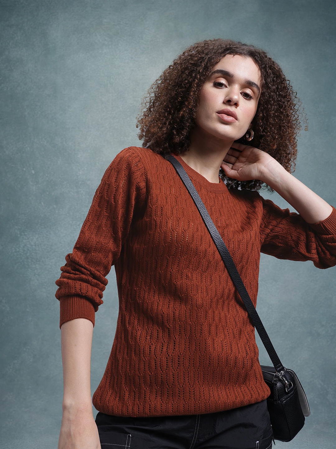 

The Roadster Lifestyle Co. Self Design Open Knit Longline Pullover, Rust