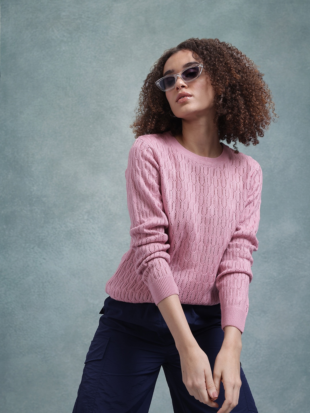 

The Roadster Lifestyle Co. Self Design Open Knit Longline Pullover, Pink