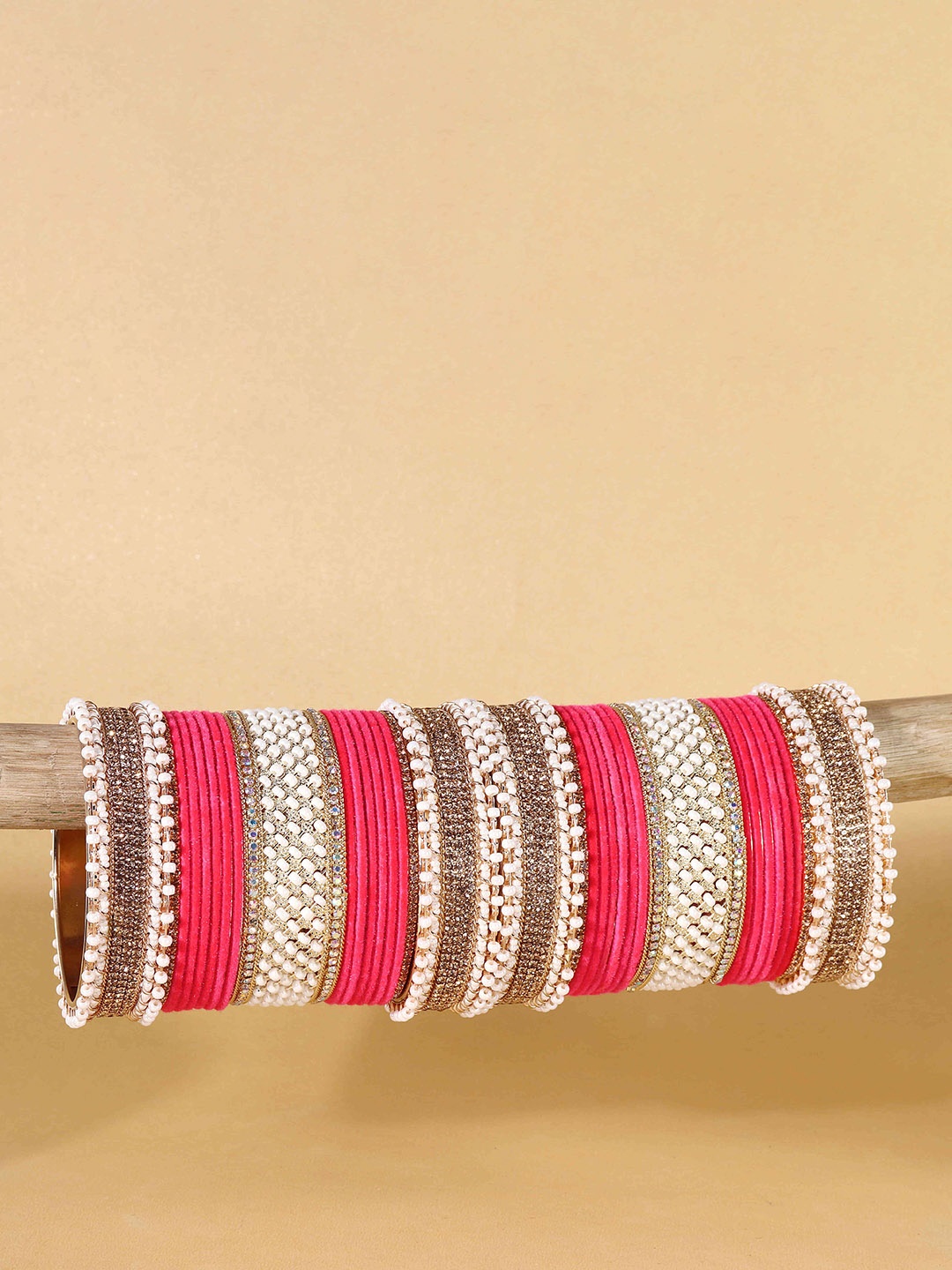 

ZULKA Set Of 34 Zircon Diamond Kundan-Studded & Beaded Chuda Bangles, Rose