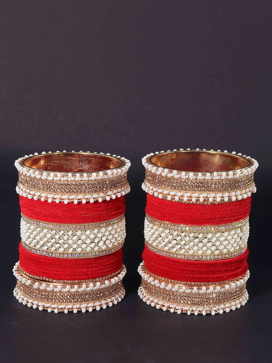 

ZULKA Set Of 34 Zircon Diamond Kundan-Studded & Beaded Chuda Bangles, Red