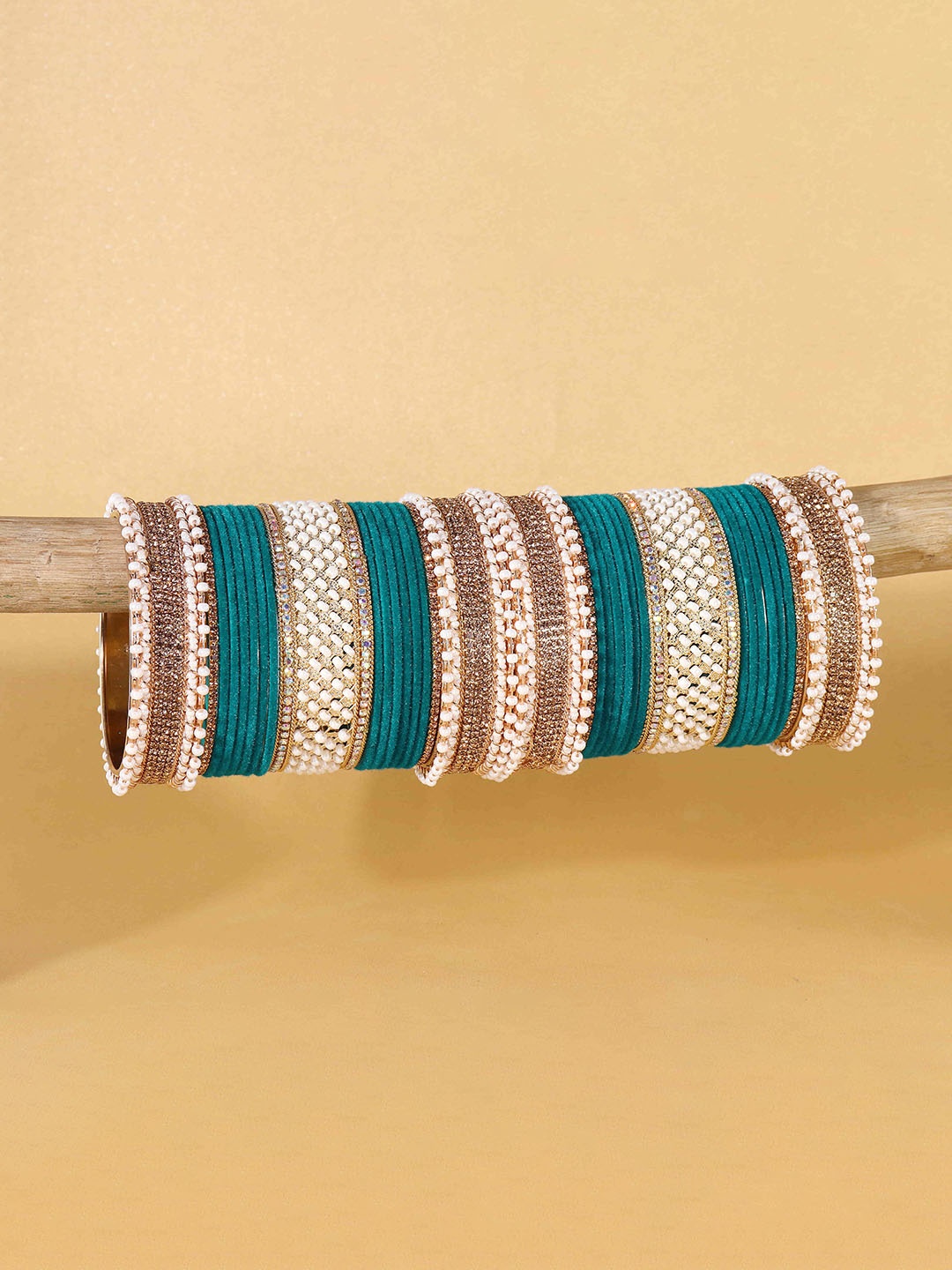 

ZULKA Set Of 34 Zircon Diamond Kundan Stone Studded & Beaded Chuda Bangles, Teal