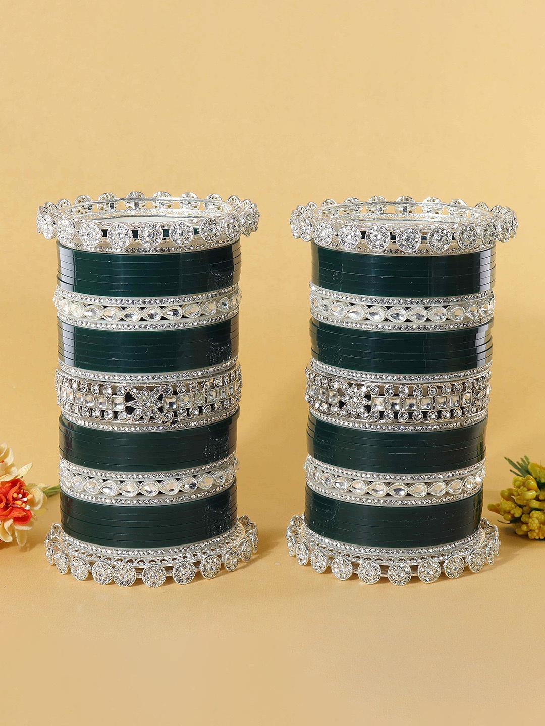 

ZULKA Set Of 74 Zircon Diamond & Kundan Stone Studded Metal Chuda Bangles, Silver