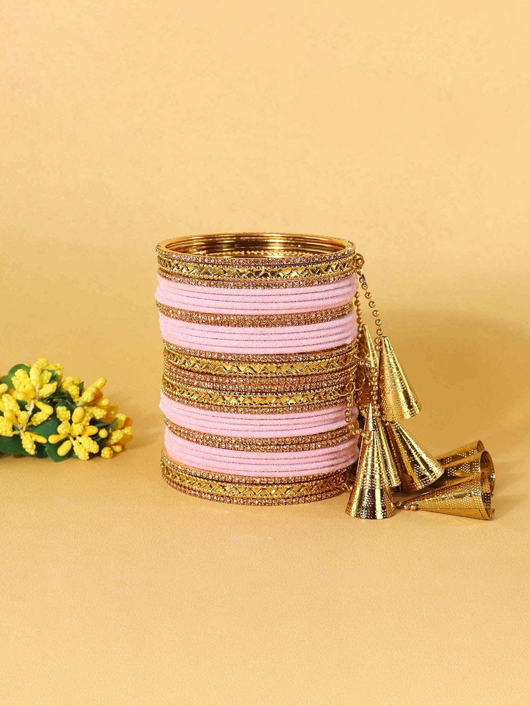 

ZULKA Set Of 32 Fancy Golden Latkan Metal Bangles, Pink