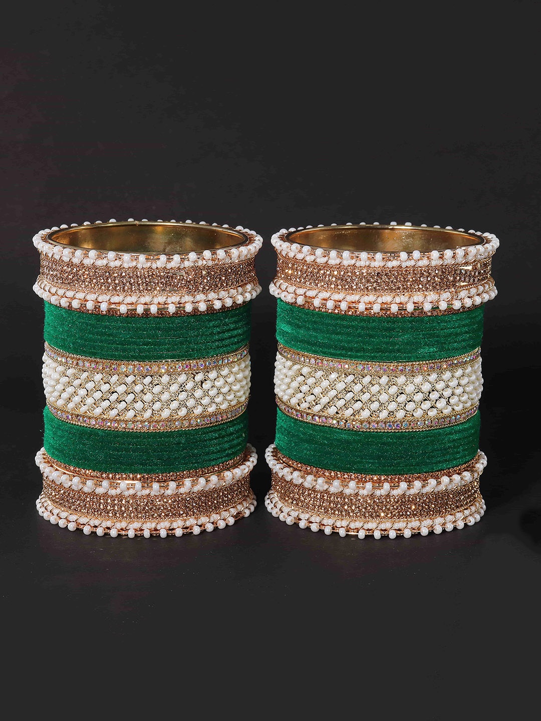 

ZULKA Set Of 34 Zircon Diamond Kundan-Studded & Beaded Antique Chuda Bangles, Green