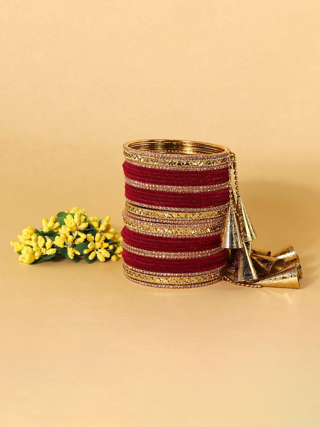 

ZULKA Set Of 32 Zircon Diamond-Studded Velvet Finish Latkan Bangles, Gold