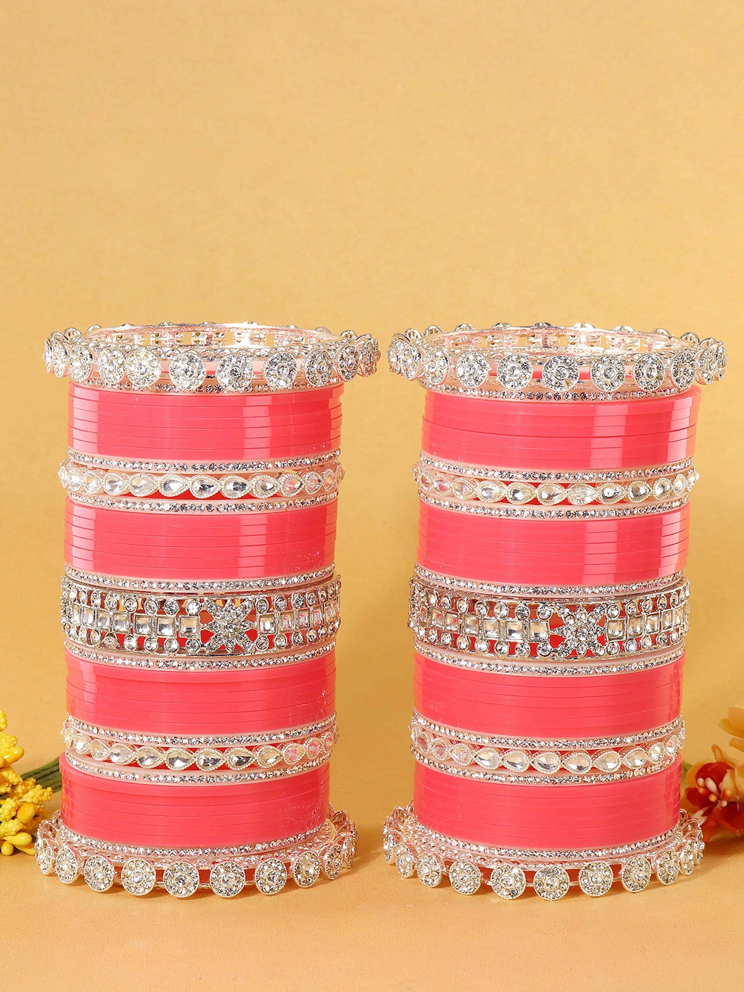 

ZULKA Set Of 74 Zircon Diamond & Kundan Stone Studded Metal Chuda Bangles, Rose