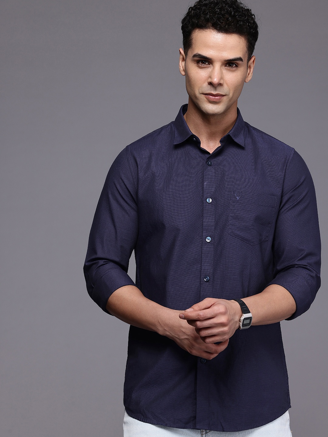 

Allen Solly Pure Cotton Self Design Comfort Slim Fit Textured Casual Shirt, Navy blue