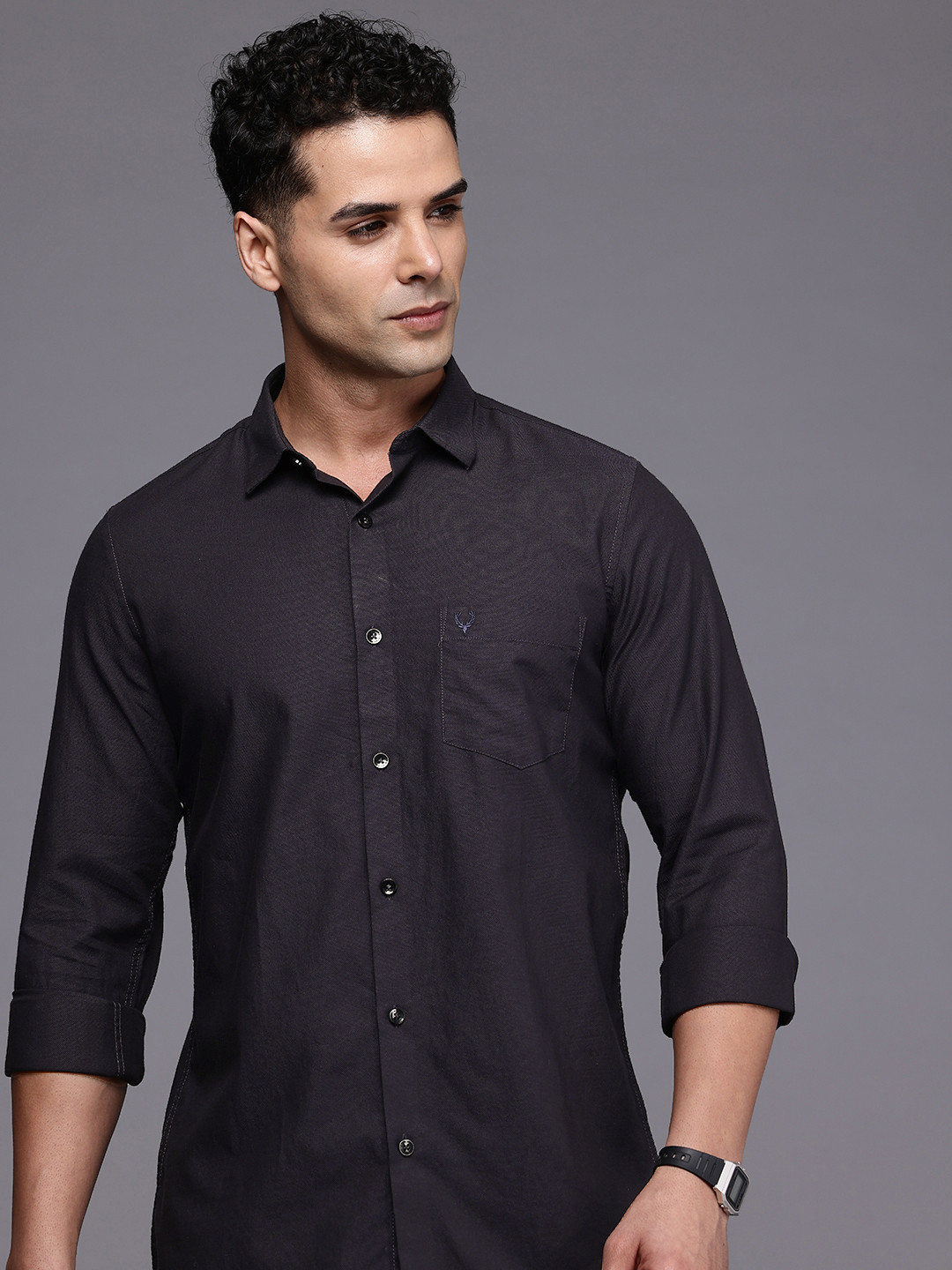 

Allen Solly Pure Cotton Self Design Comfort Slim Fit Textured Casual Shirt, Navy blue