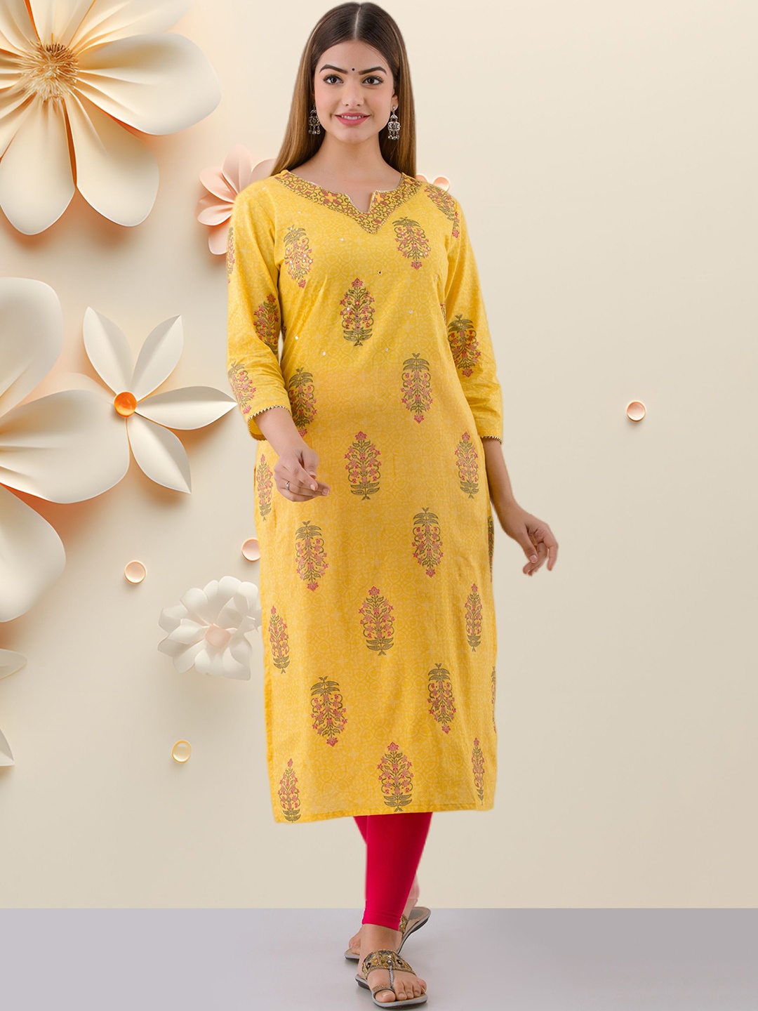 

KUMARI Floral Printed Notch-Neck Straight Pure Cotton Kurta, Yellow