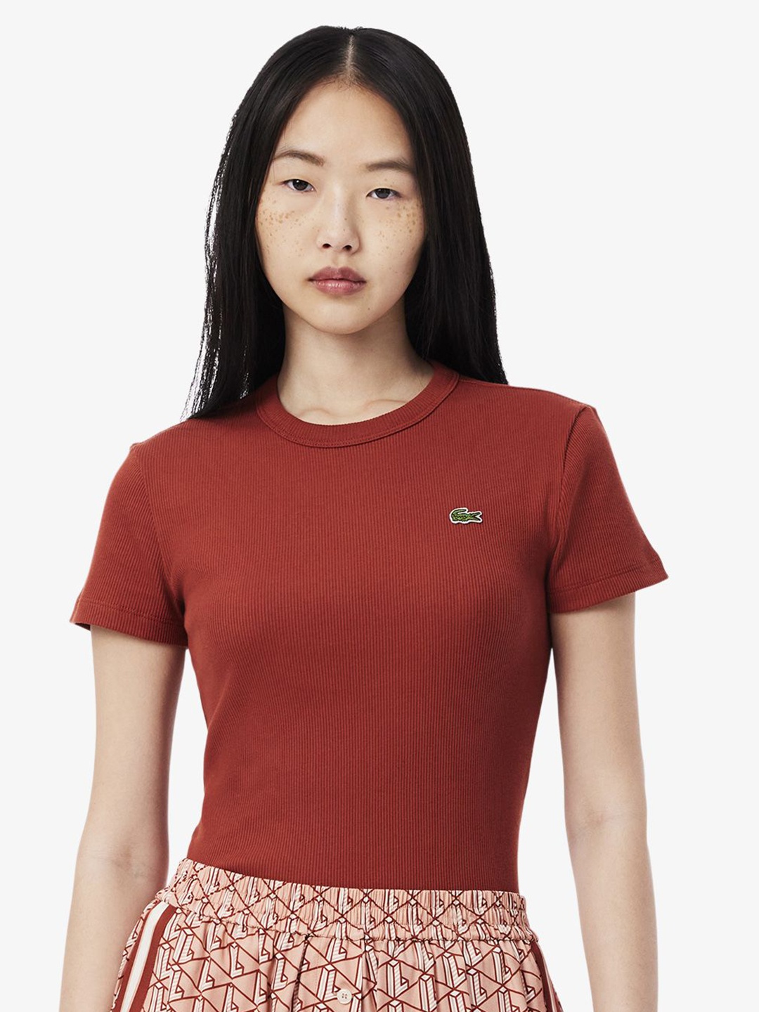 

Lacoste Women Self Design Round Neck Cotton T-shirt, Maroon