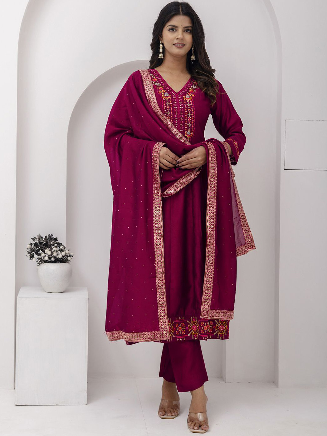 

VredeVogel Embroidered Yoke Design Sequinned Silk Anarkali Kurta With Trousers & Dupatta, Red