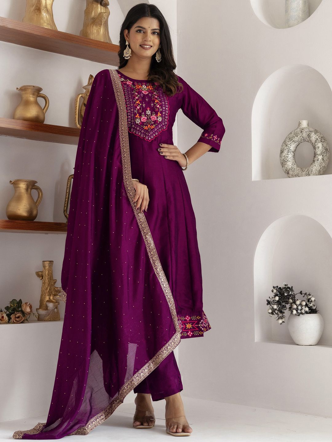 

VredeVogel Floral Embroidered Thread Work Round Neck Kurta with Trousers And Dupatta, Purple