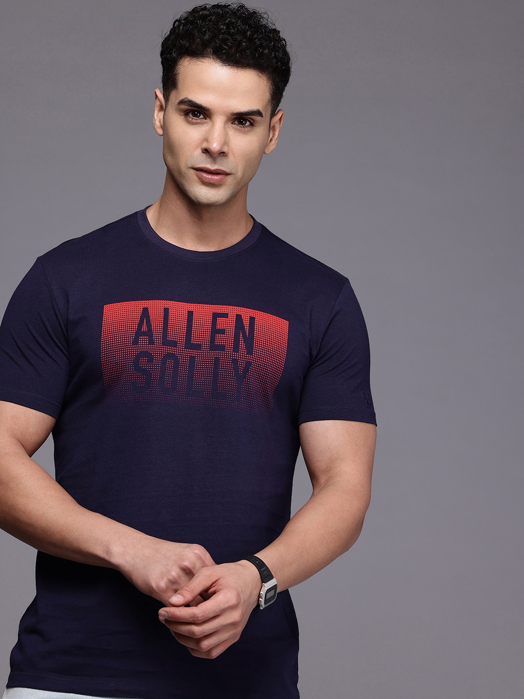 

Allen Solly Pure Cotton Brand Logo Printed Slim Fit T-shirt, Navy blue