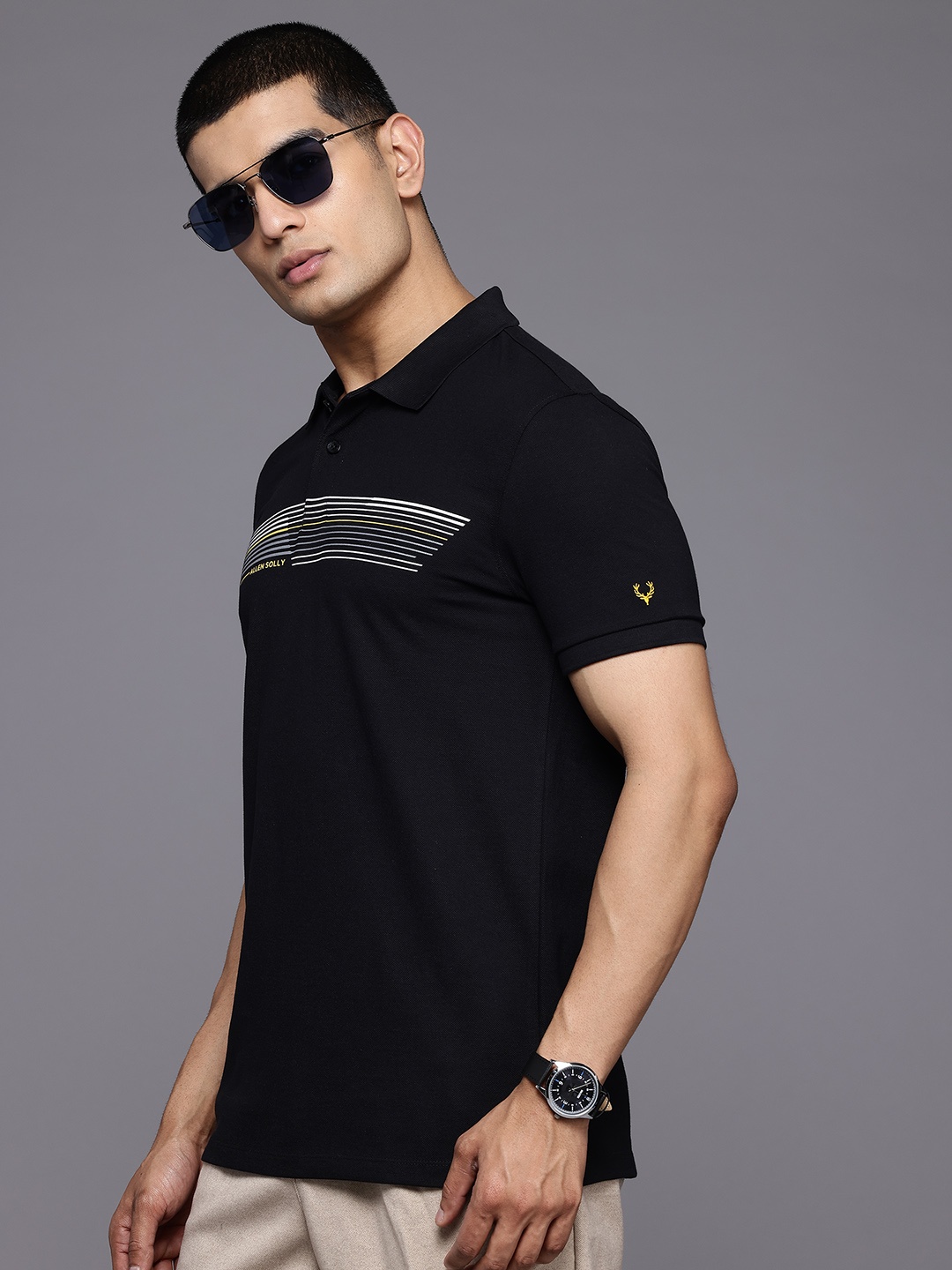 

Allen Solly Men Striped Polo Collar T-shirt, Black