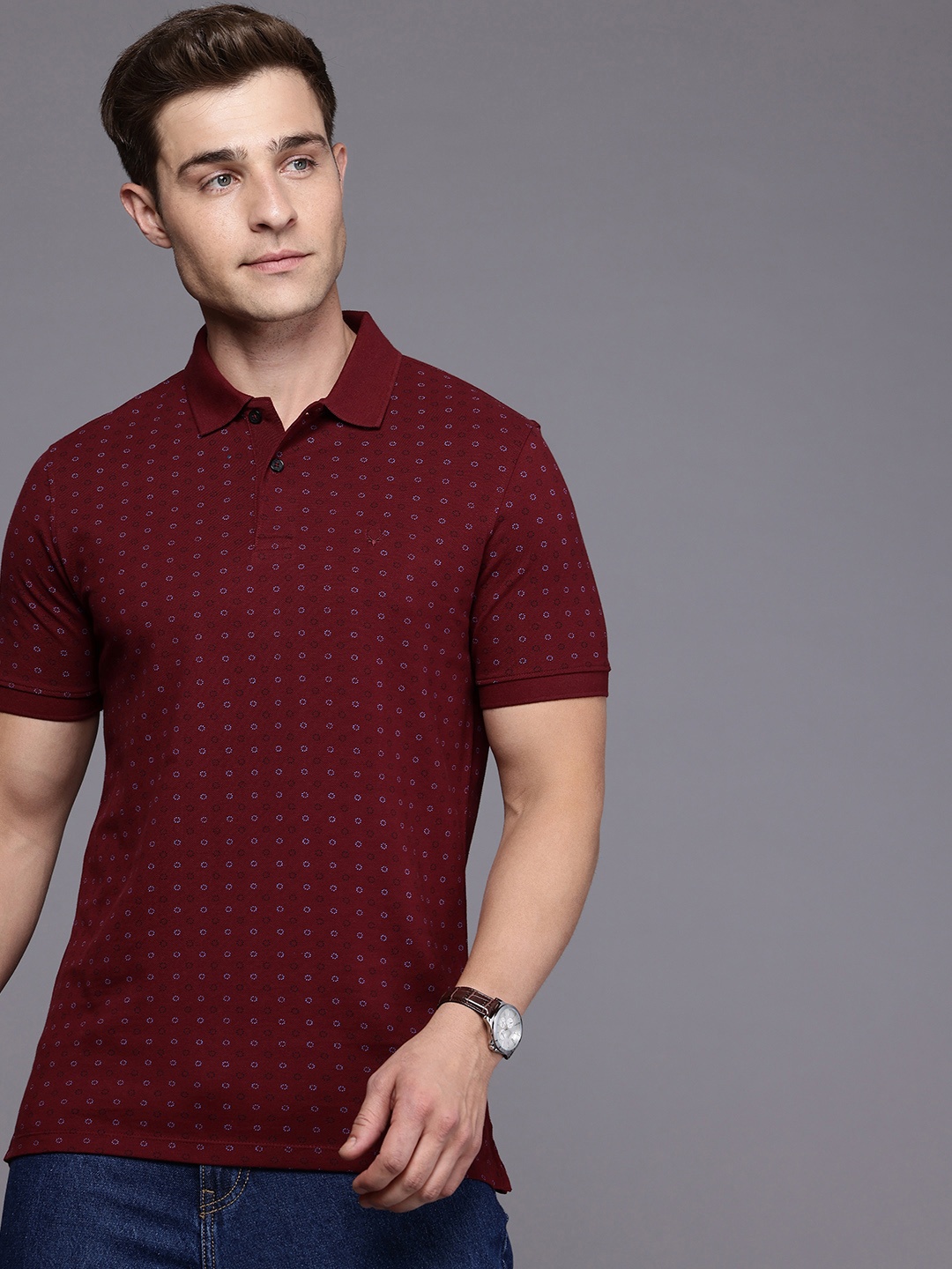 

Allen Solly Printed Polo Collar Pure Cotton T-shirt, Maroon