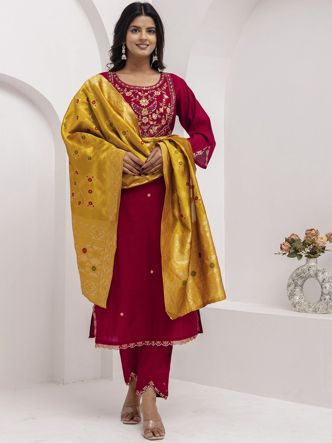 

VredeVogel Floral Embroidered Round Neck Straight Kurta With Trousers And Dupatta, Maroon