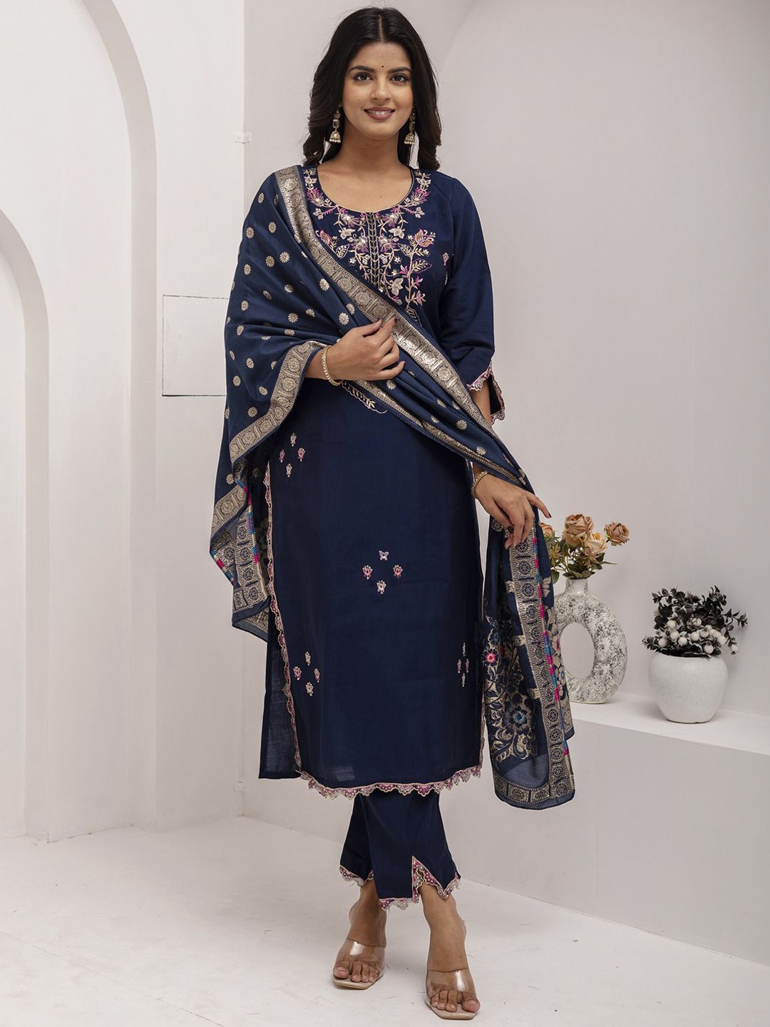 

VredeVogel Floral Embroidered Round Neck Straight Kurta With Trouser And Dupatta, Navy blue