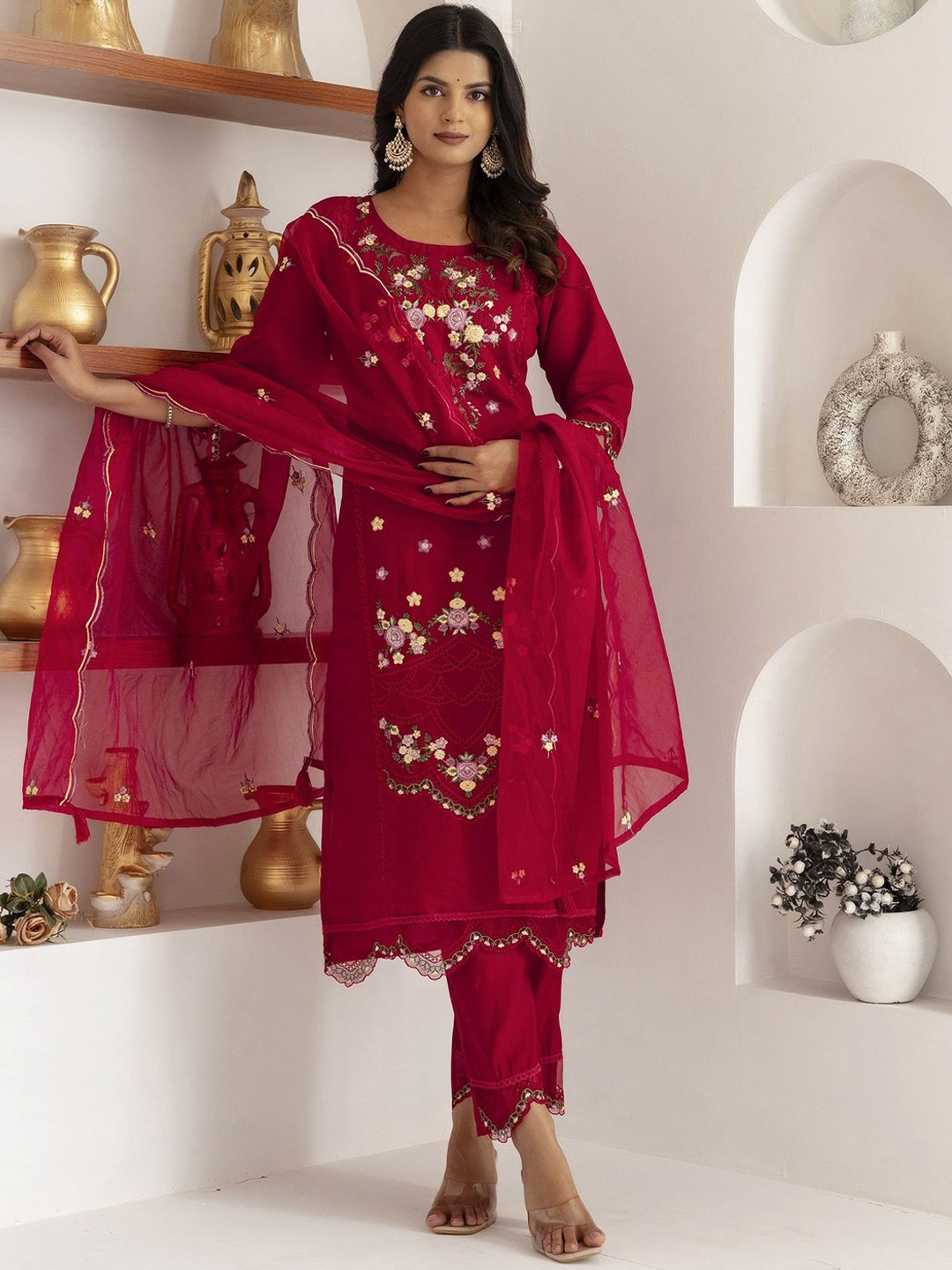 

VredeVogel Floral Embroidered Round Neck Straight Kurta With Trousers And Dupatta, Red