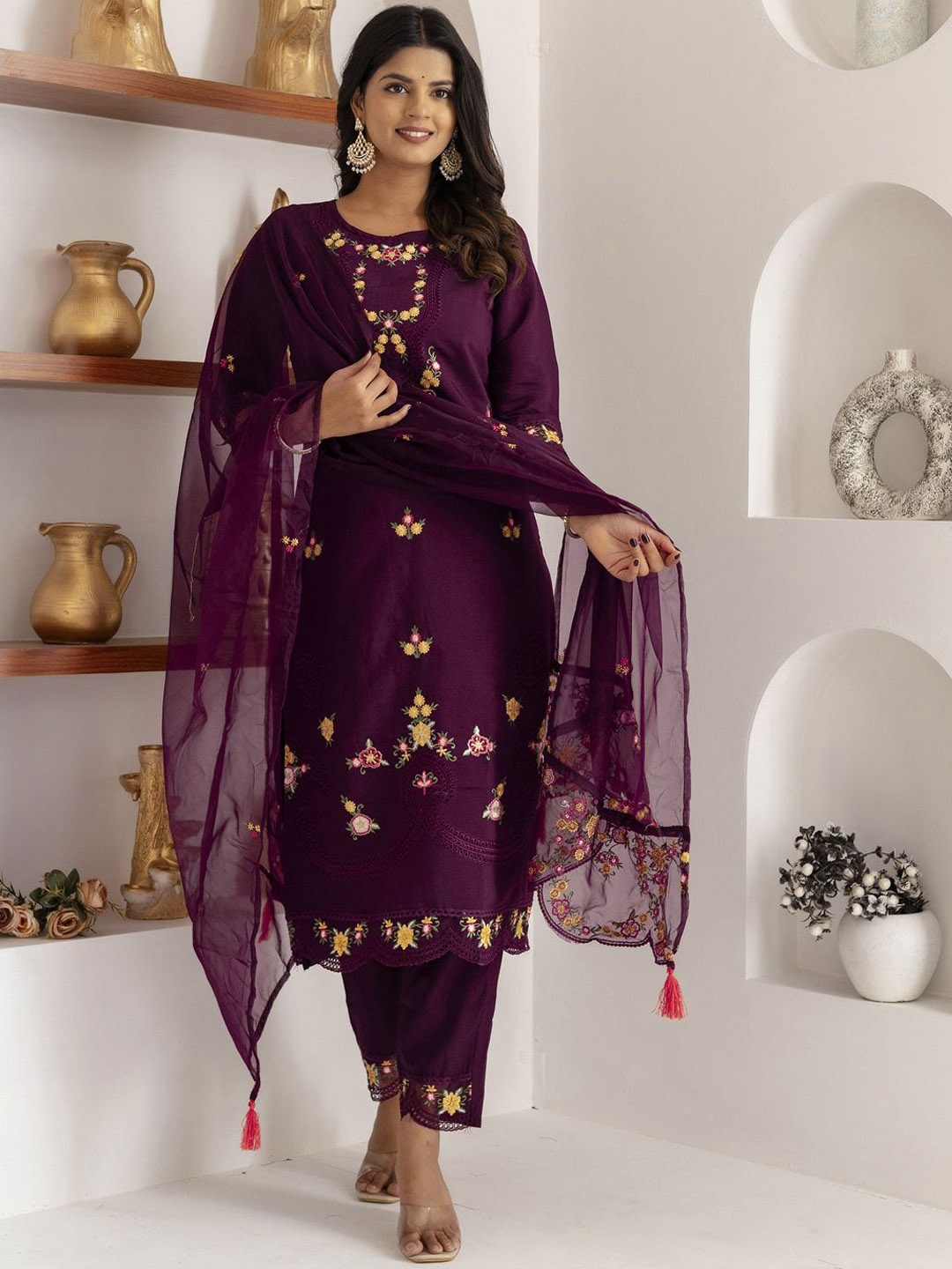 

VredeVogel Floral Embroidered Round Neck Straight Kurta With Trouser And Dupatta, Purple