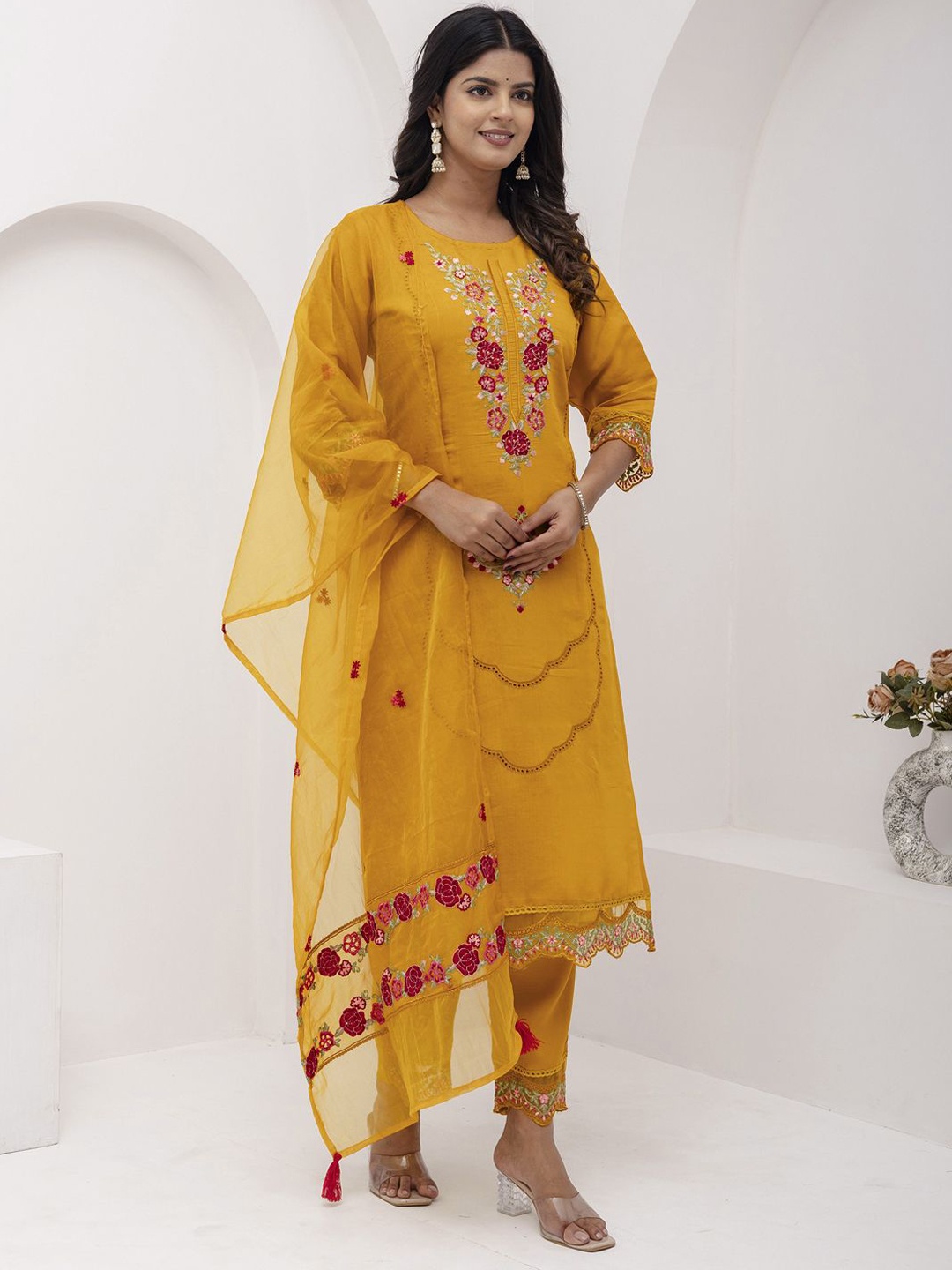 

VredeVogel Floral Embroidered Round Neck Straight Kurta With Trousers And Dupatta, Yellow