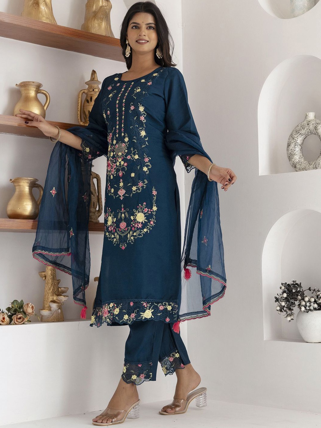 

VredeVogel Floral Embroidered Round Neck Straight Kurta With Trouser And Dupatta, Teal