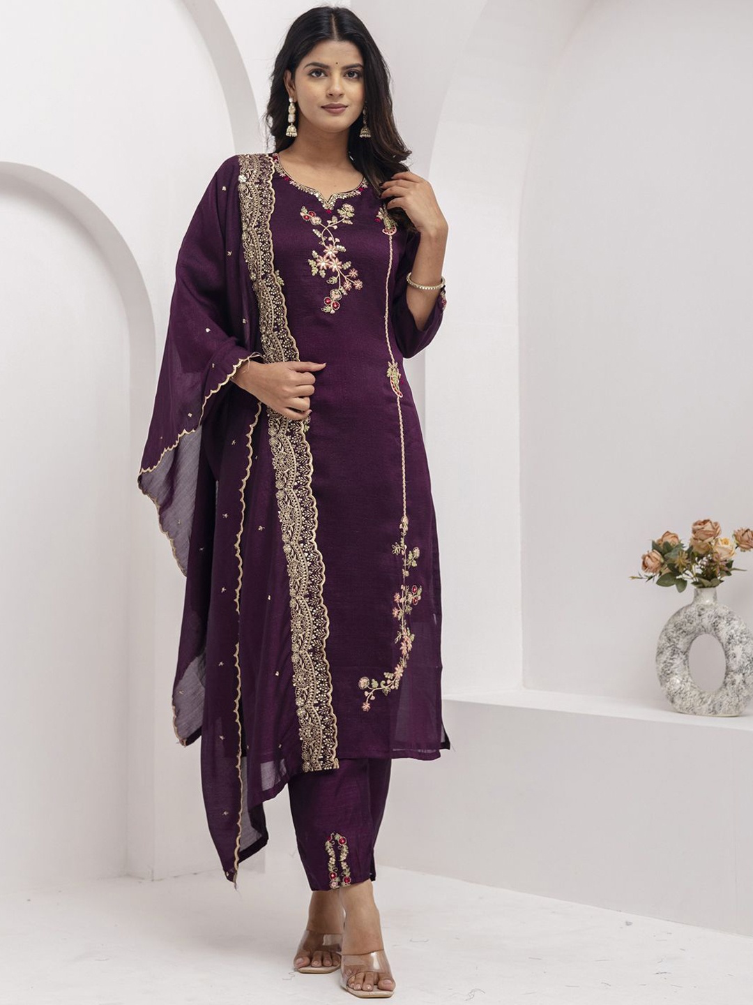 

VredeVogel Floral Embroidered Notch Neck Straight Kurta With Trousers And Dupatta, Purple