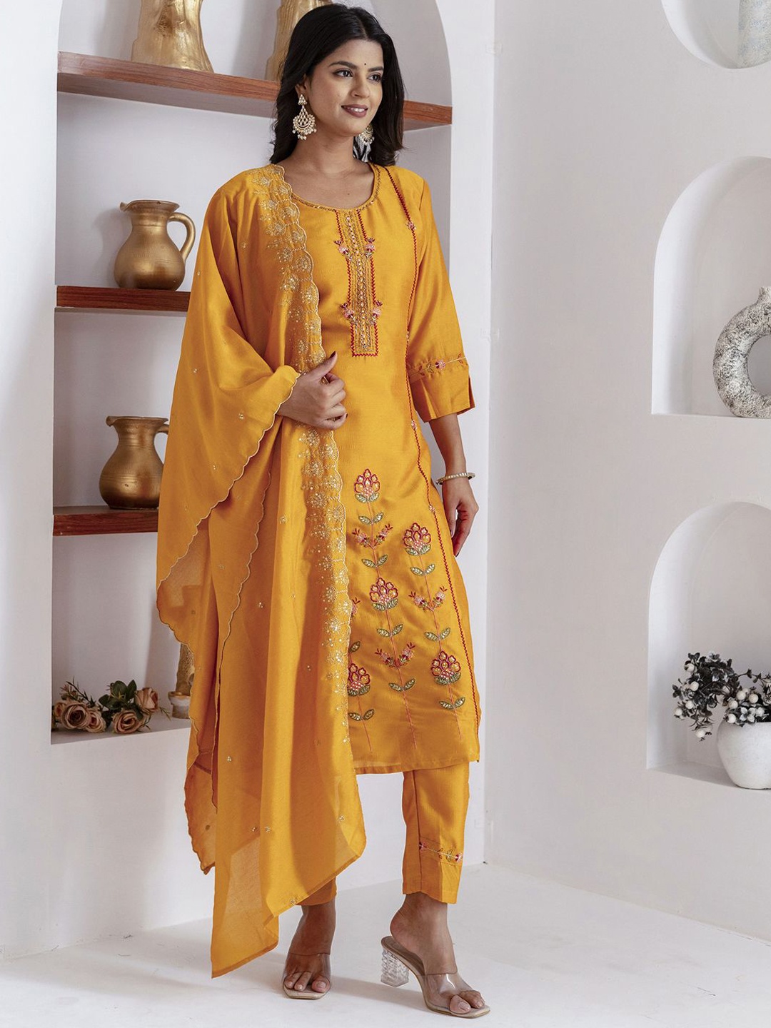 

VredeVogel Floral Embroidered Sequinned Kurta with Trousers And Dupatta, Yellow