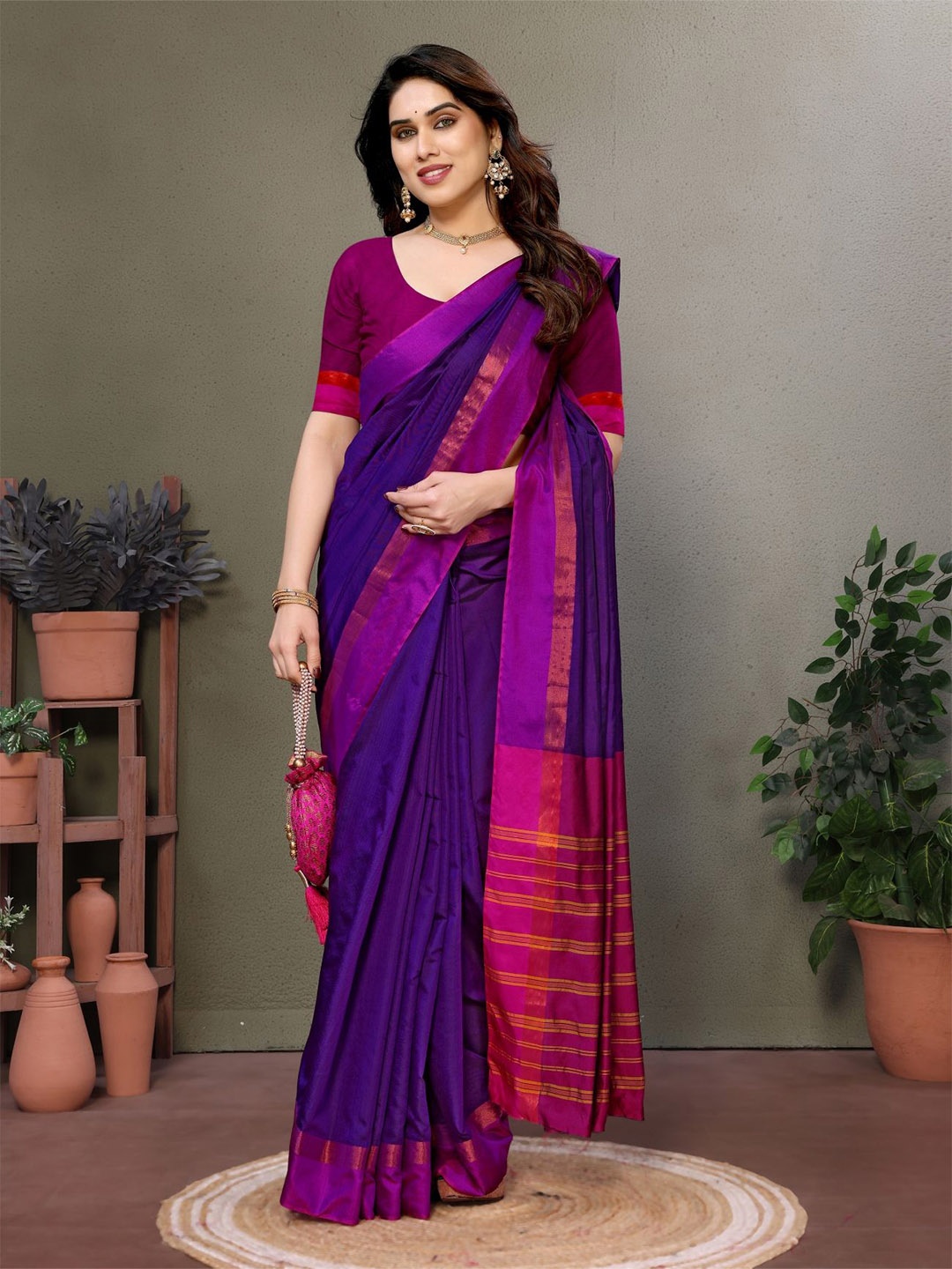 

vj fashion Solid Striped Zari Saree, Purple