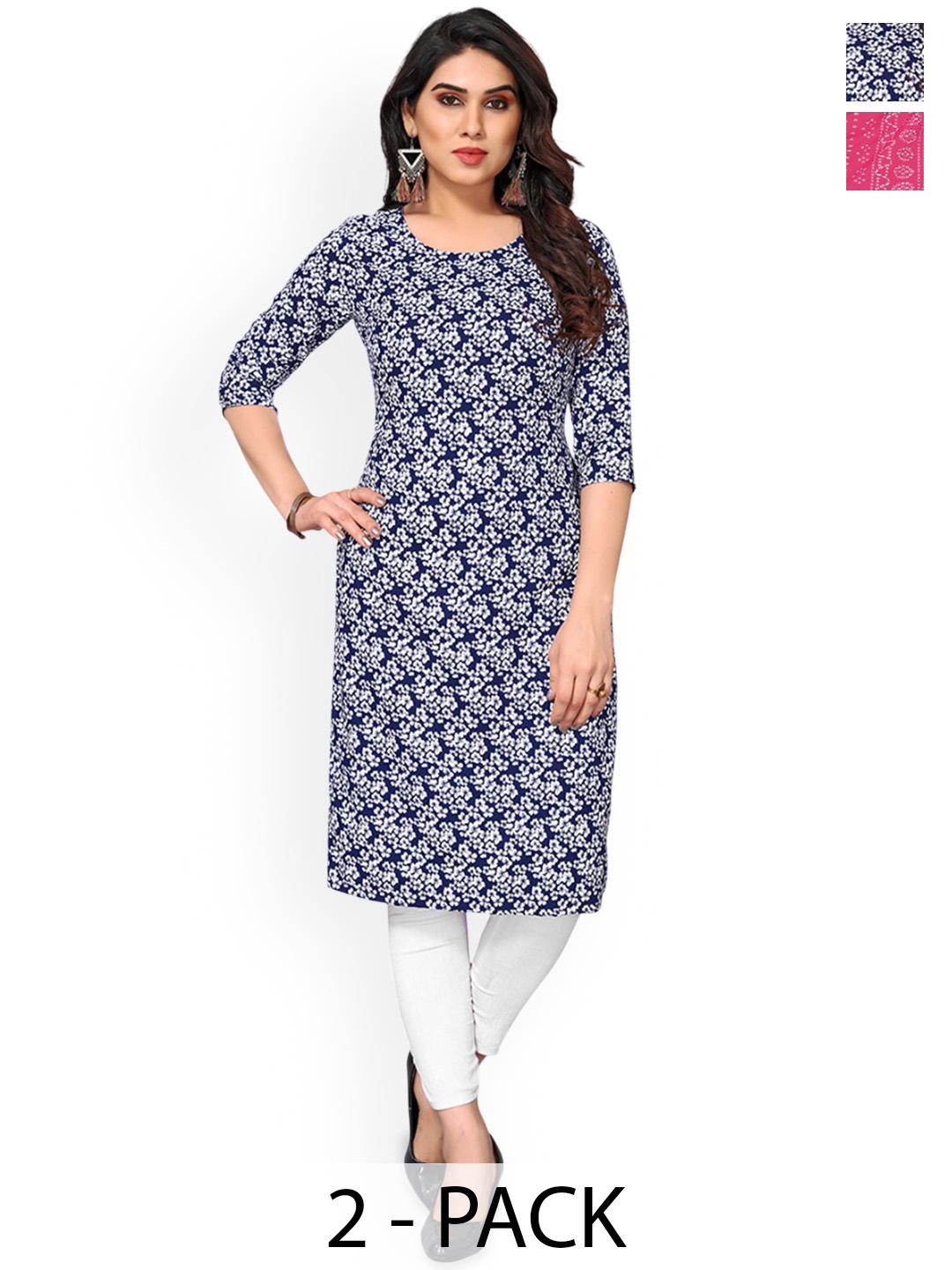

KETAKI FASHION Selection Of 2 Floral Printed Round Neck Straight Kurtas, Black