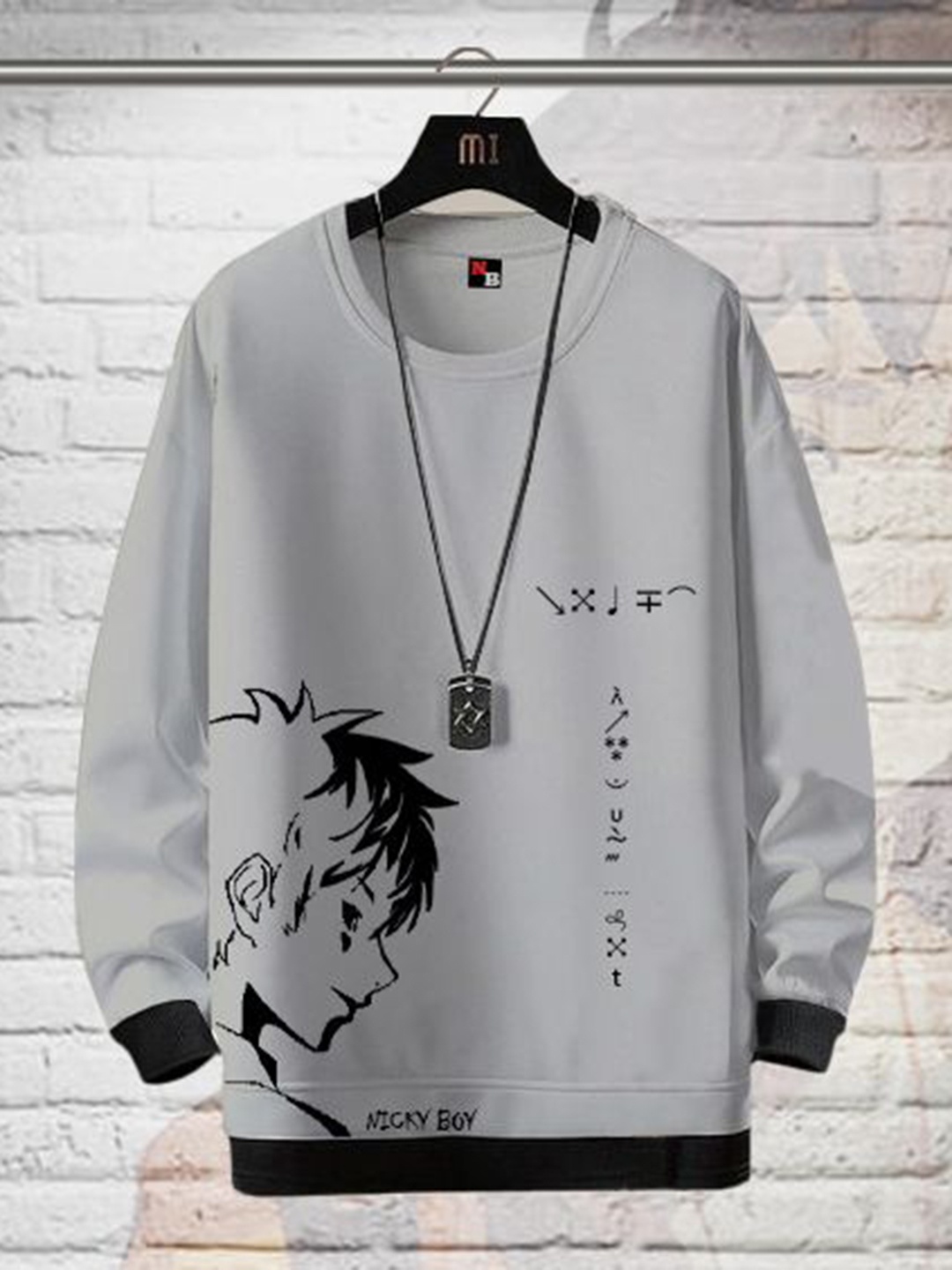 NB Nicky Graphic Anime Printed Round Neck Cotton Casual Sweatshirt, Grey
