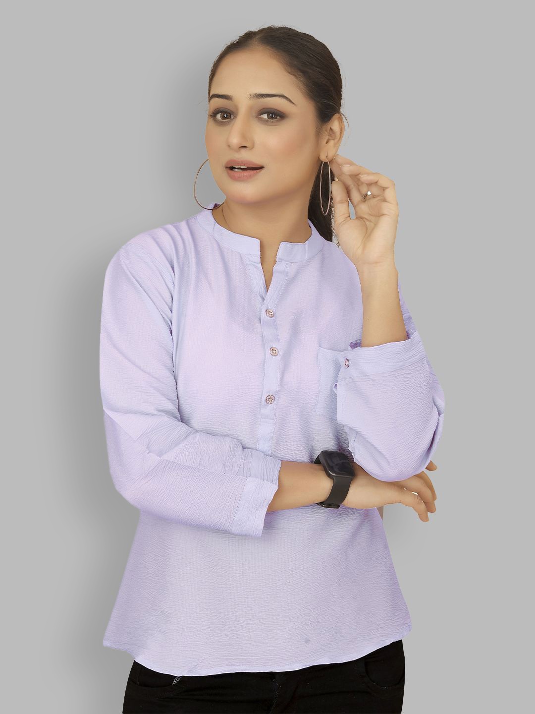 

Krimmple Women Mandarin Collar Cotton Top, Lavender