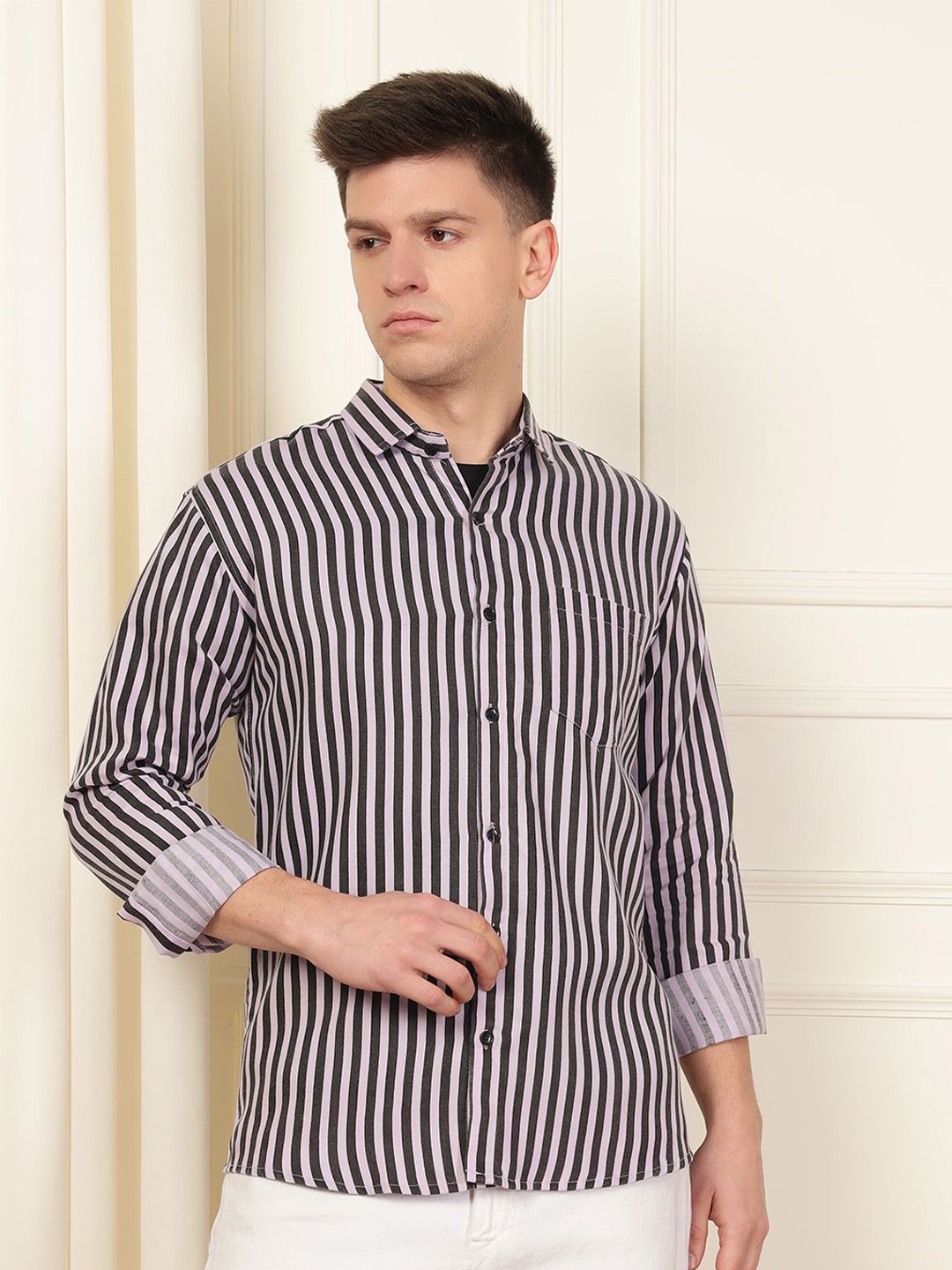 

WOXEN Men Original Spread Collar Vertical Striped Cotton Casual Shirt, Purple
