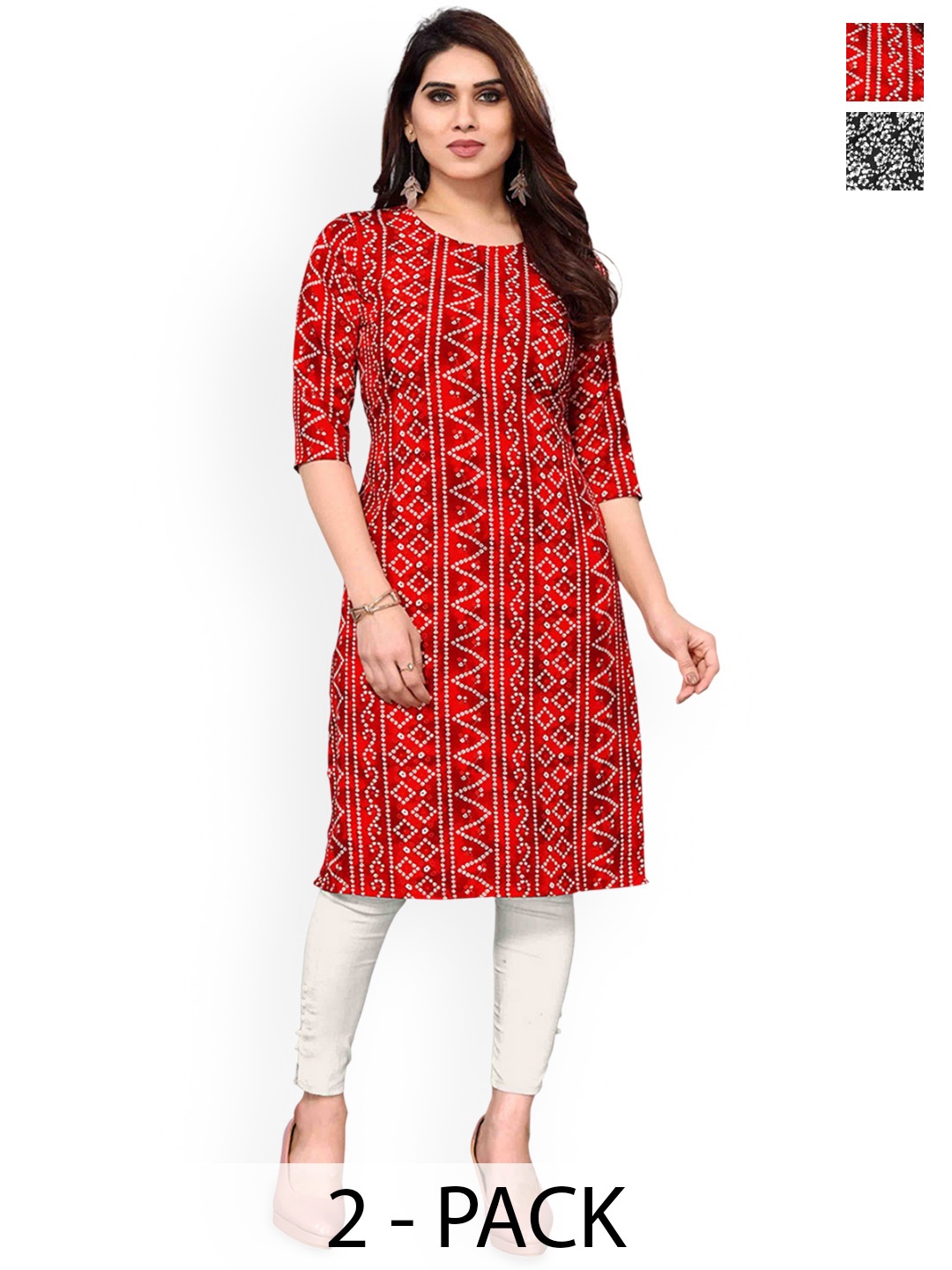 

KETAKI FASHION Selection Of 2 Bandhani Printed Round Neck Straight Kurtas, Red