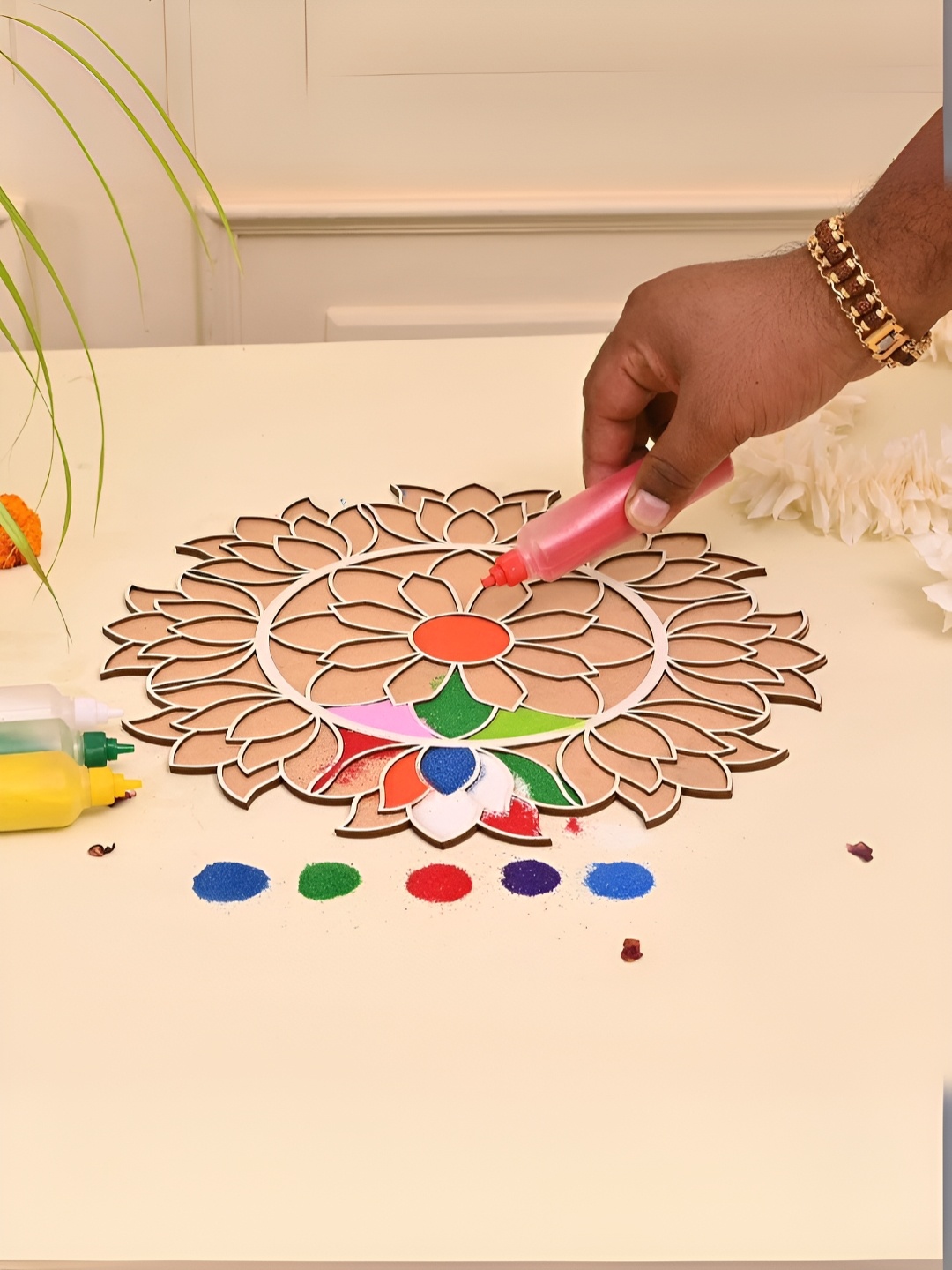 

CraftVatika Brown & Beige Floral Wooden 12 Inch Ananta Rangoli Stencils