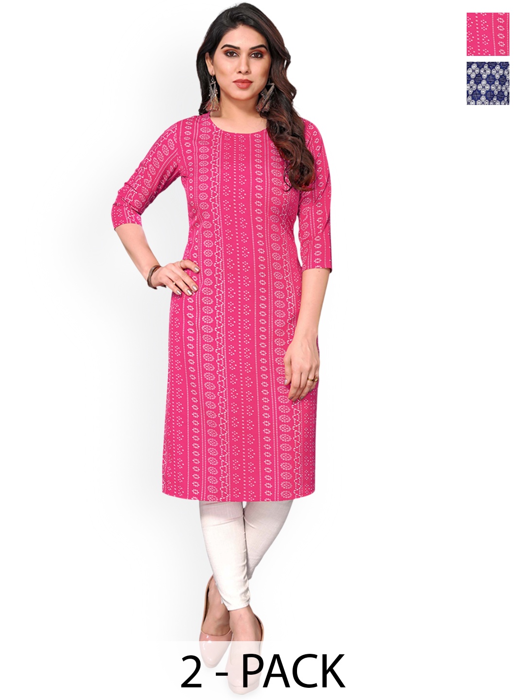 

KETAKI FASHION Selection Of 2 Geometric Printed Round Neck Straight Kurtas, Pink