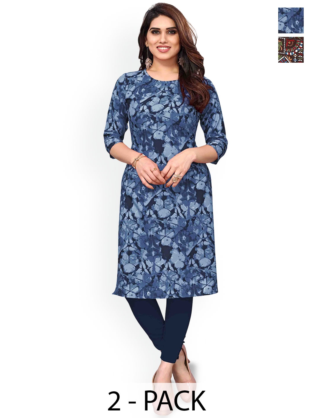 

KETAKI FASHION Selection Of 2 Abstract Printed Round Neck Straight Kurtas, Navy blue