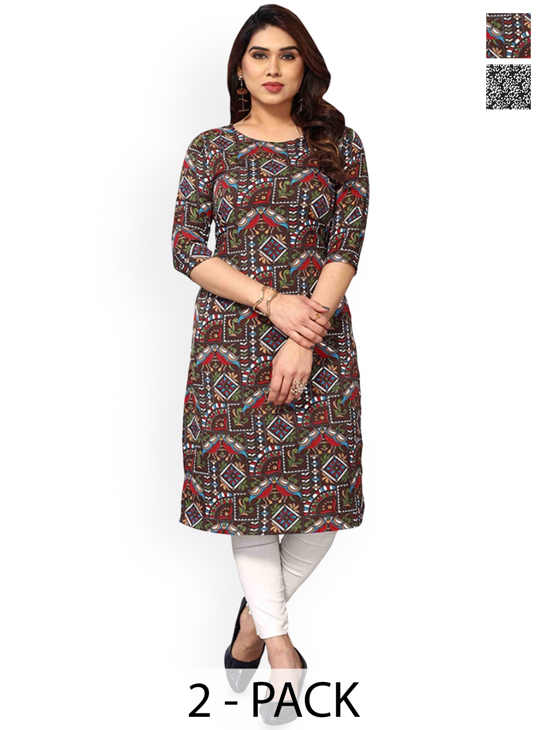 

KETAKI FASHION Selection Of 2 Ethnic Motifs Printed Round Neck Straight Kurtas, Brown