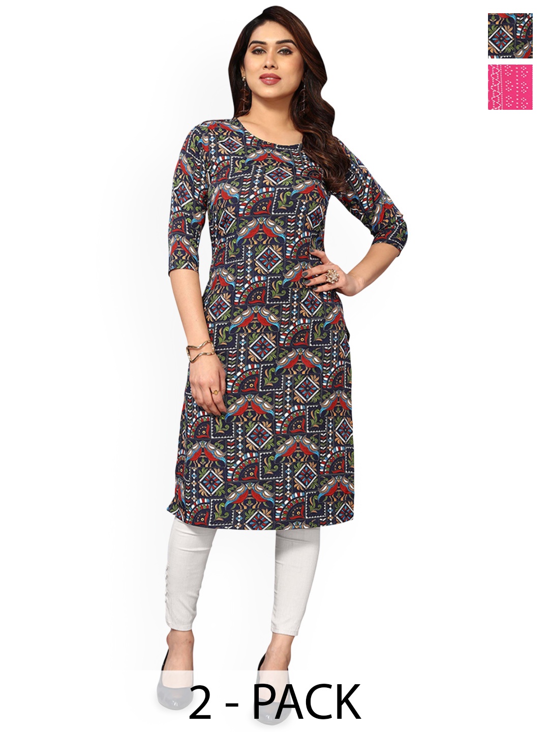 

KETAKI FASHION Selection Of 2 Ethnic Motifs Printed Round Neck Straight Kurtas, Black