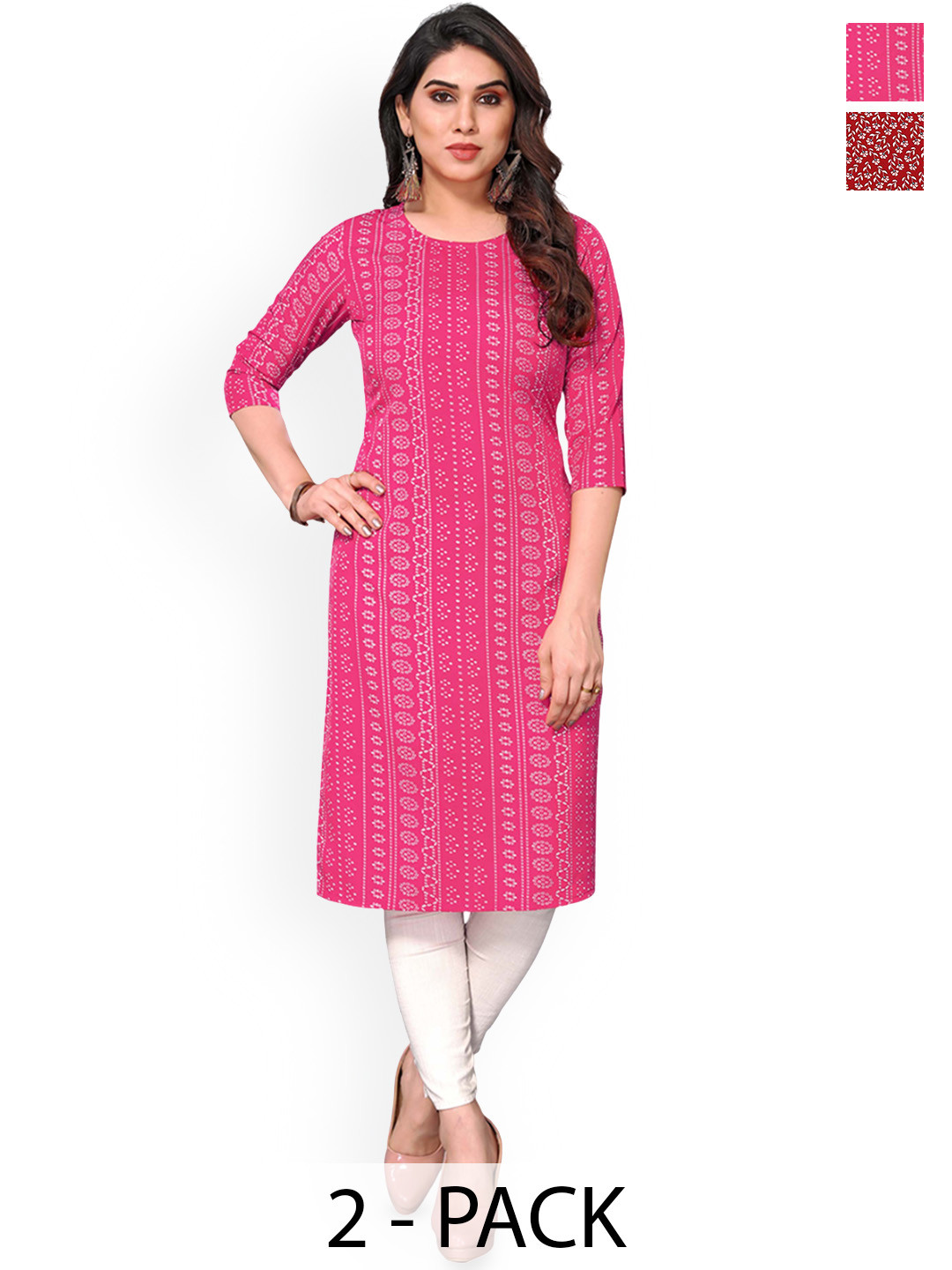 

KETAKI FASHION Selelction Of 2 Ethnic Motifs Printed Round Neck Straight Kurtas, Pink