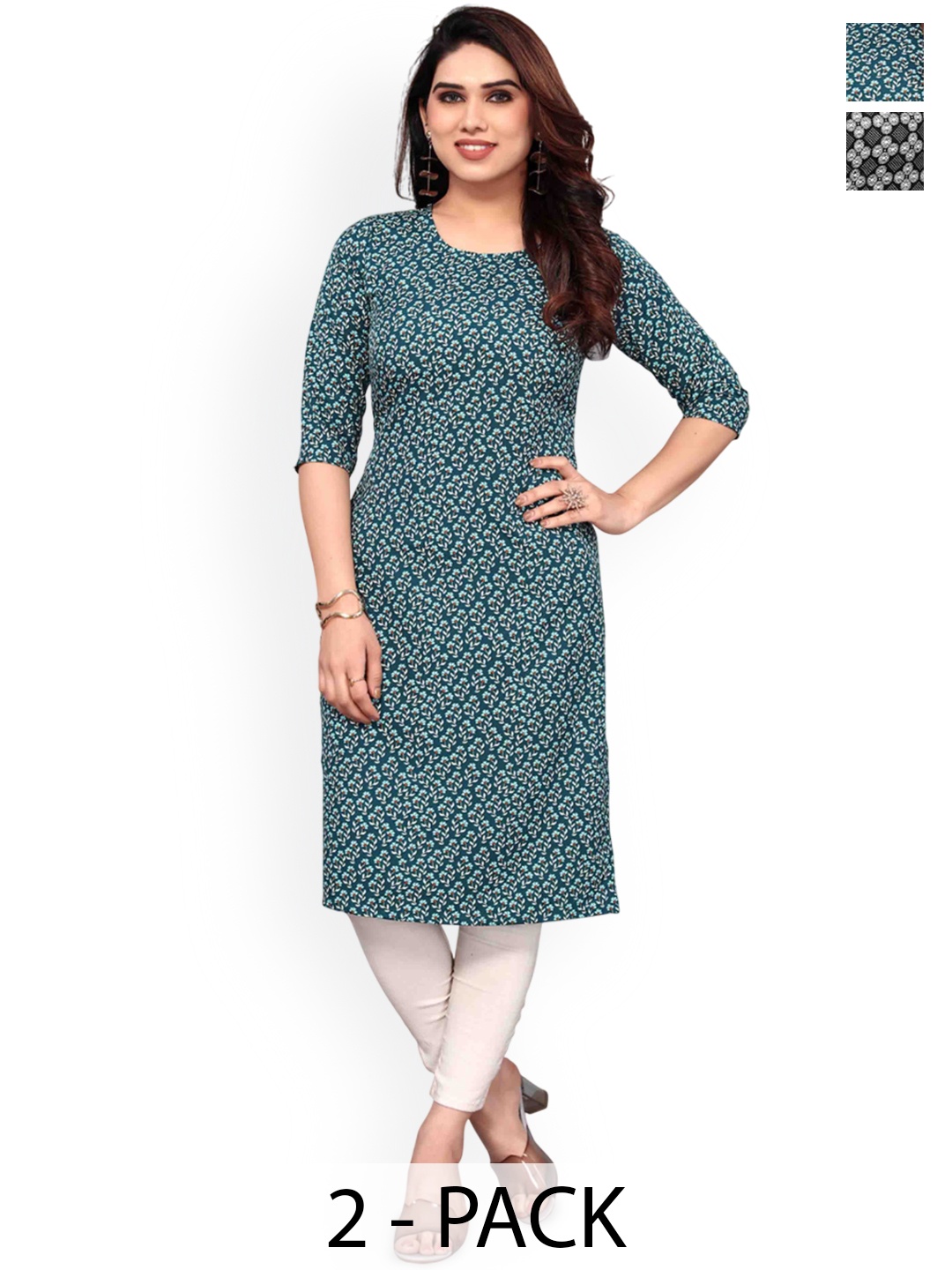 

KETAKI FASHION Selection Of 2 Ethnic Motifs Printed Round Neck Straight Kurtas, Green