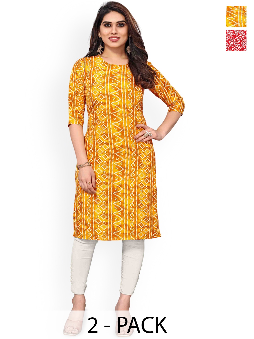

KETAKI FASHION Selection Of 2 Floral Printed Round Neck Straight Kurtas, Red
