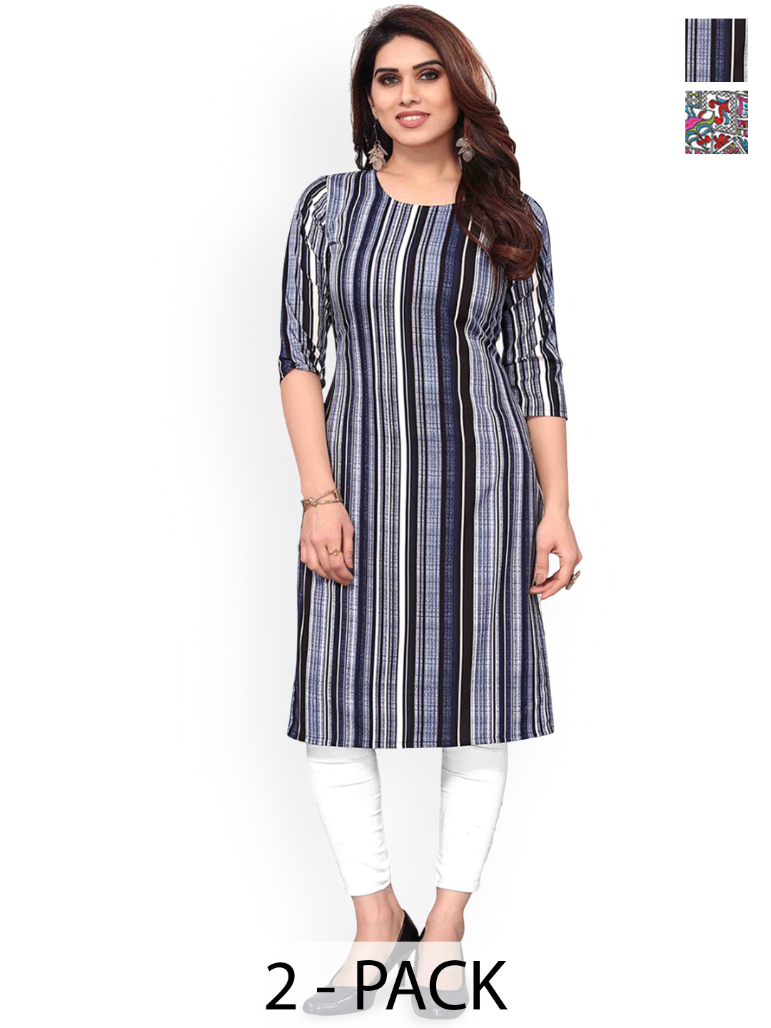 

KETAKI FASHION Selection Of 2 Striped Round Neck Straight Kurtas, Blue