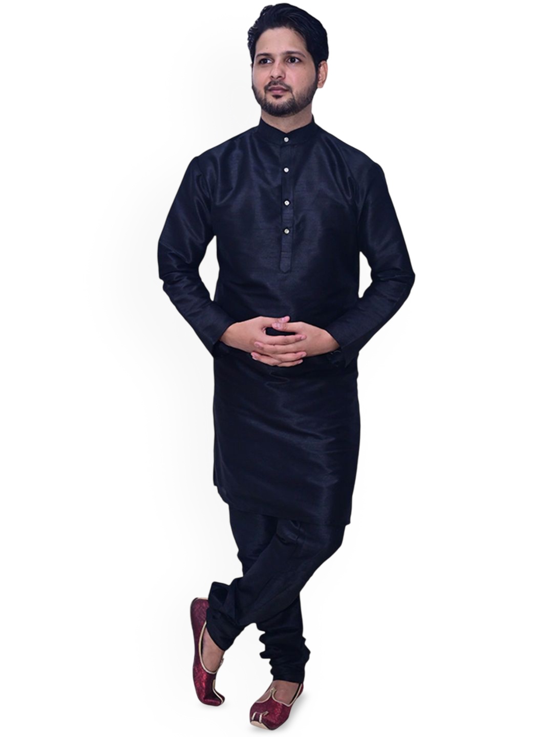 

Om Shubh Mangalam Dupion Silk Mandarin Collar Straight Kurta With Pyjamas, Black