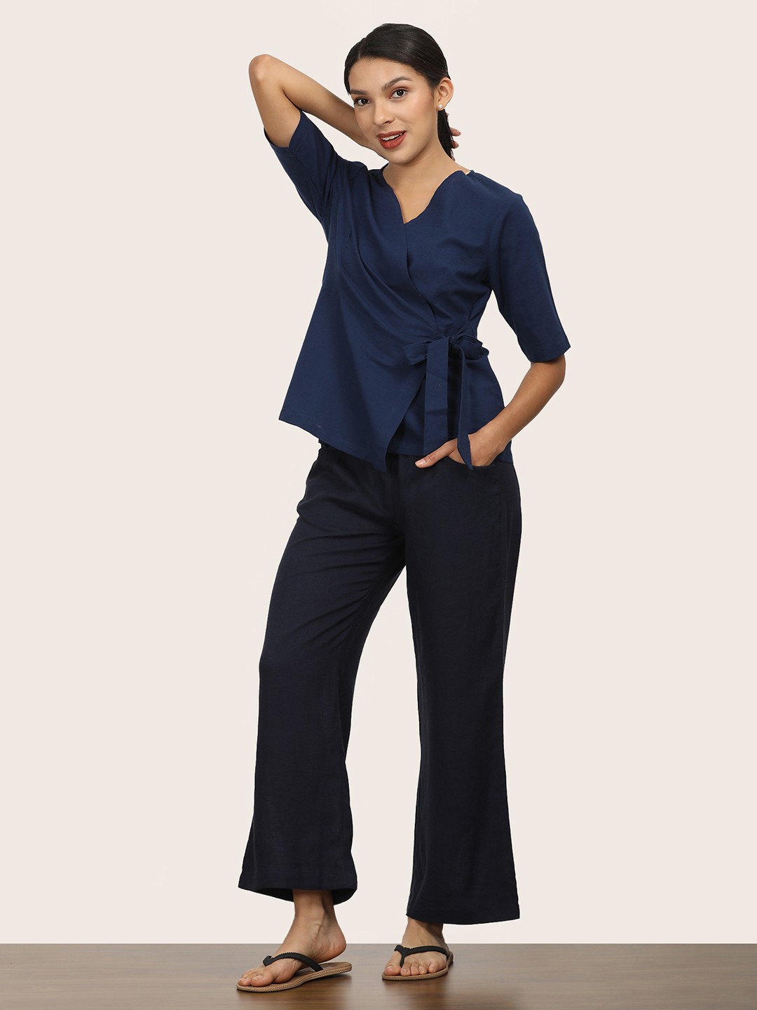 

Saltpetre V-Neck Side tie-up Organic Cotton Top With Trousers, Navy blue