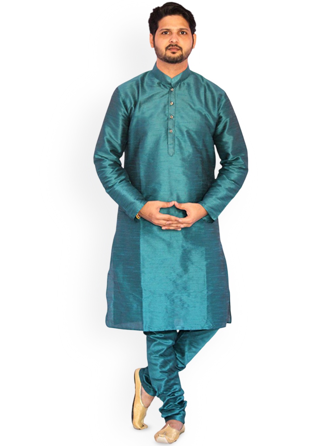 

Om Shubh Mangalam Dupion Silk Mandarin Collar Straight Kurta With Pyjamas, Green