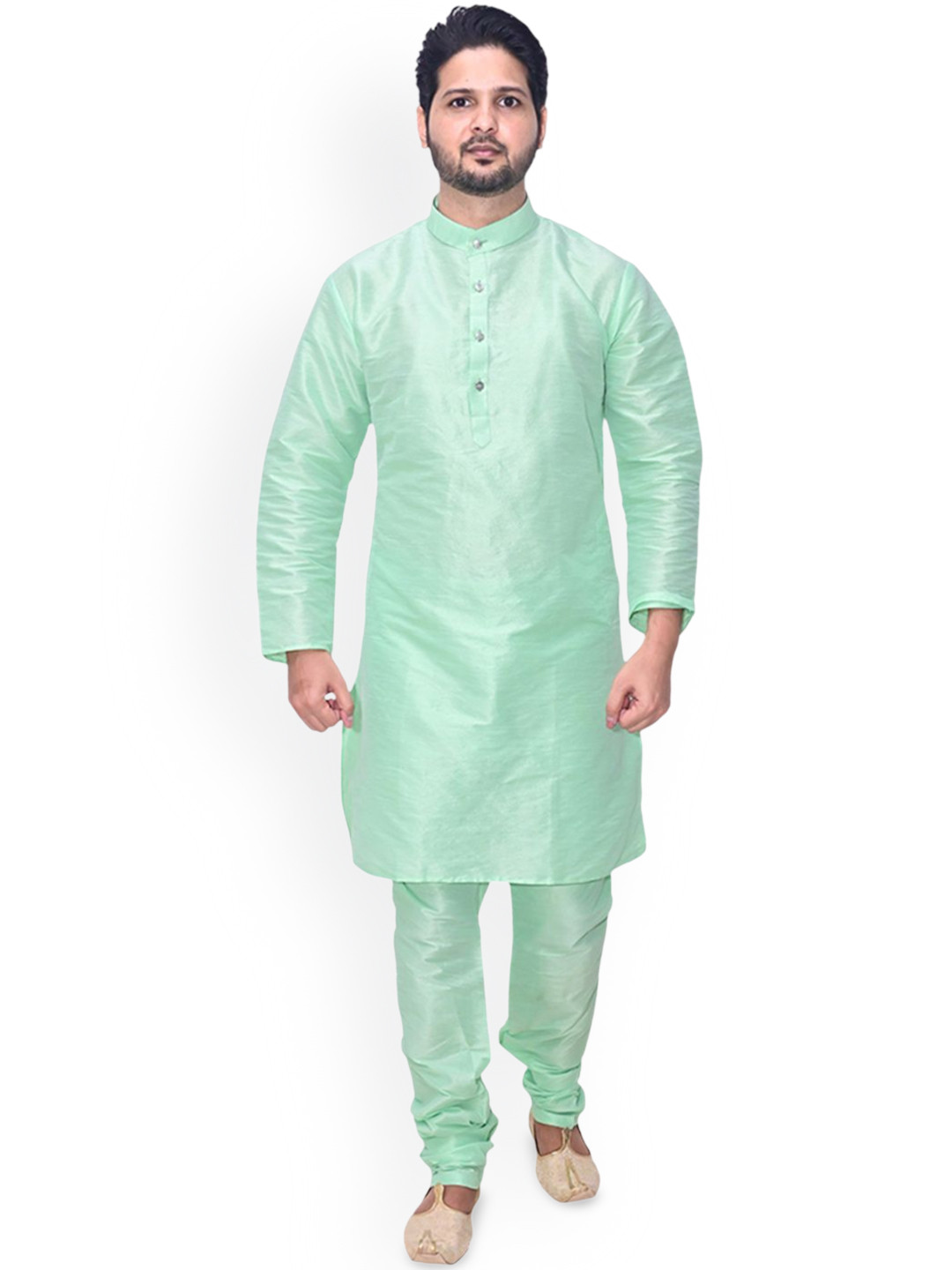 

Om Shubh Mangalam Dupion Silk Mandarin Collar Straight Kurta With Pyjamas, Sea green